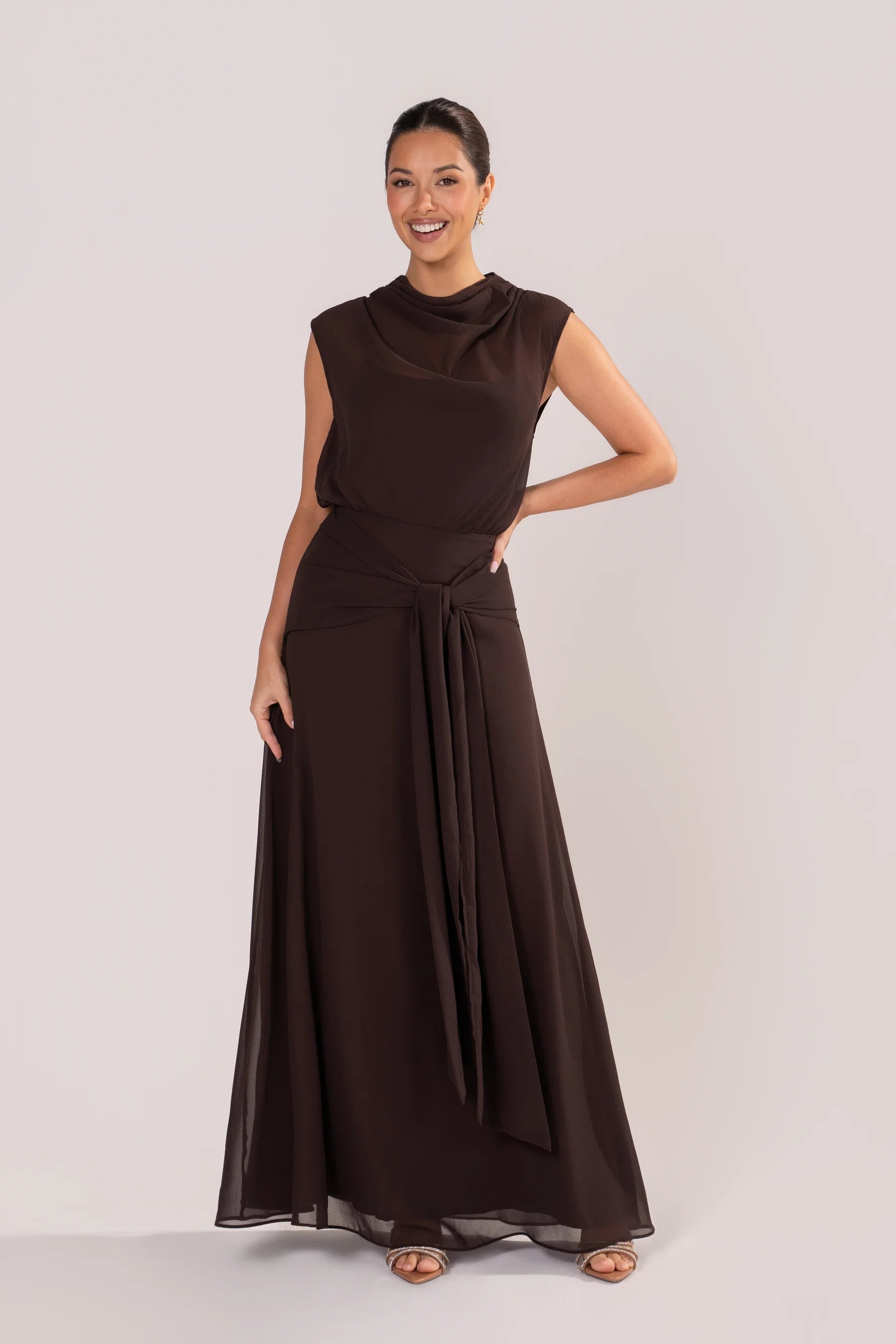 Fidelia Chocolate Maxi Dress with Sheer Cowl Overlay (Chocolate)