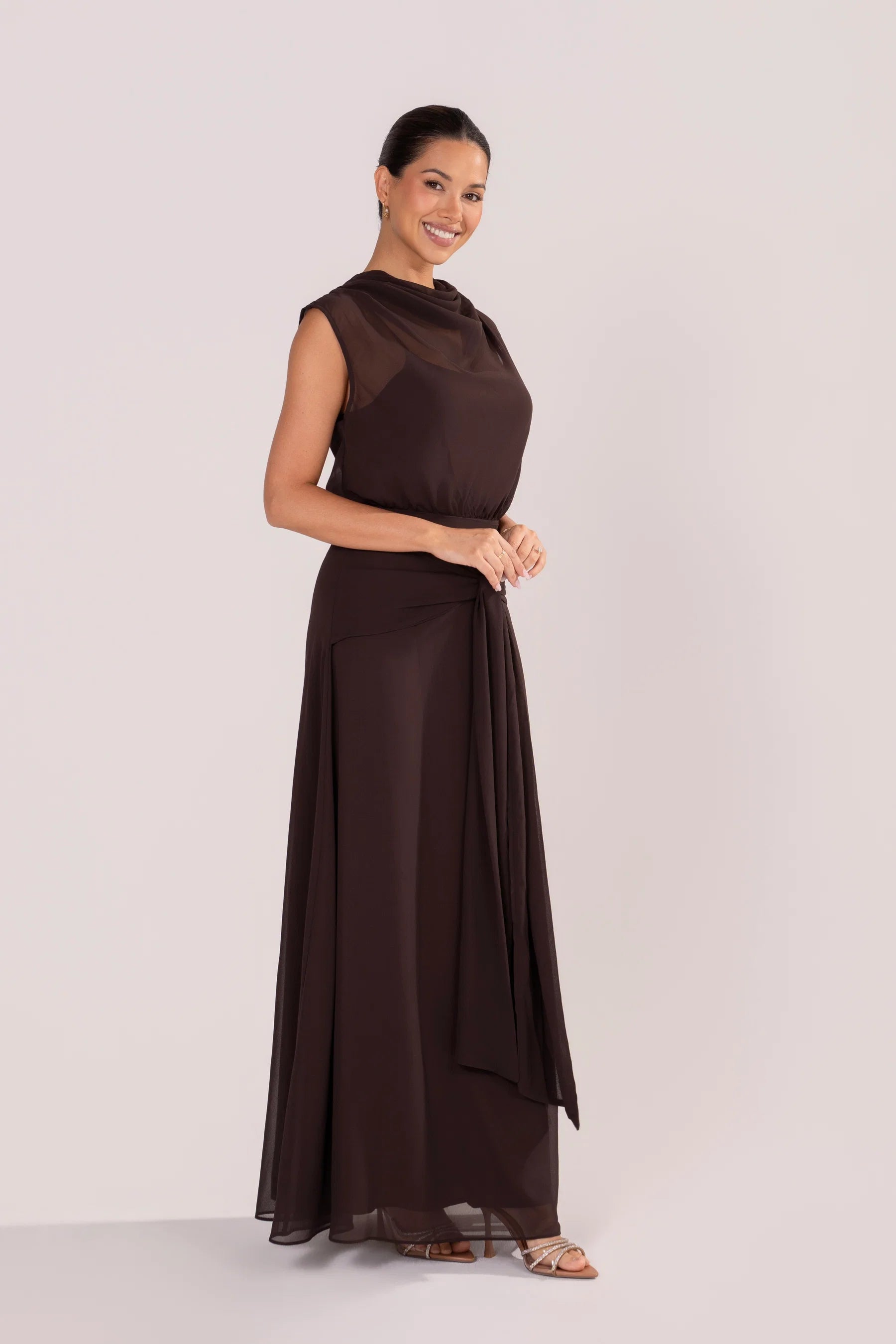 Fidelia Chocolate Maxi Dress with Sheer Cowl Overlay (Chocolate)