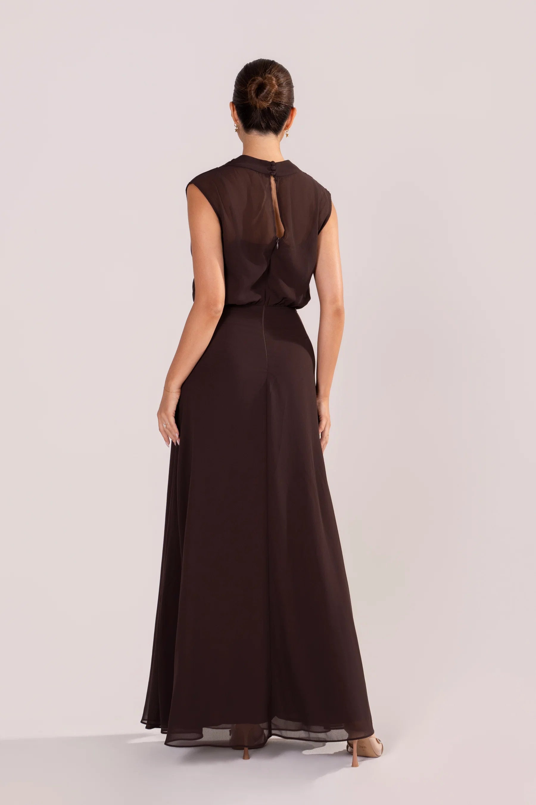 Fidelia Chocolate Maxi Dress with Sheer Cowl Overlay (Chocolate)
