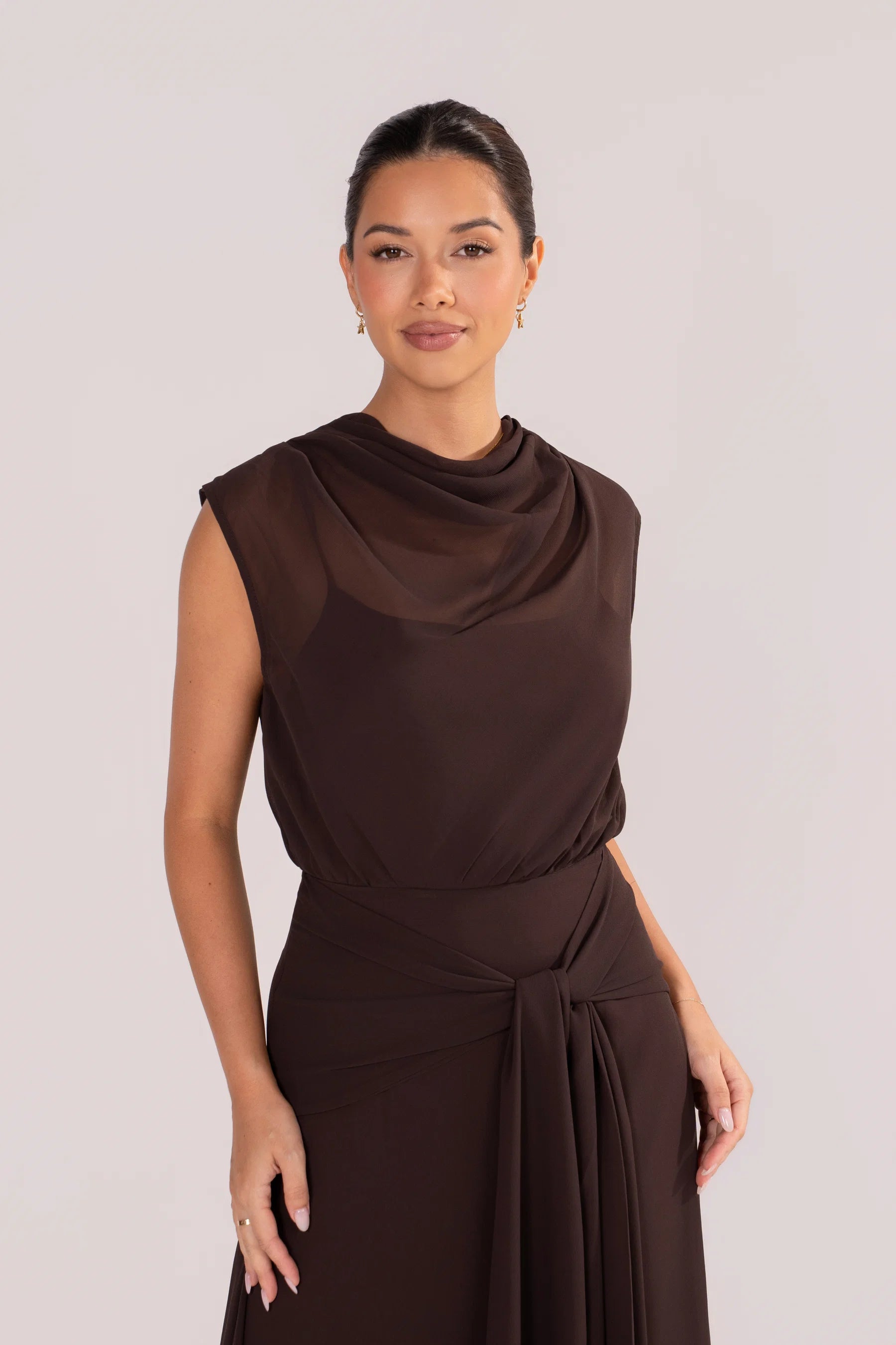 Fidelia Chocolate Maxi Dress with Sheer Cowl Overlay (Chocolate)