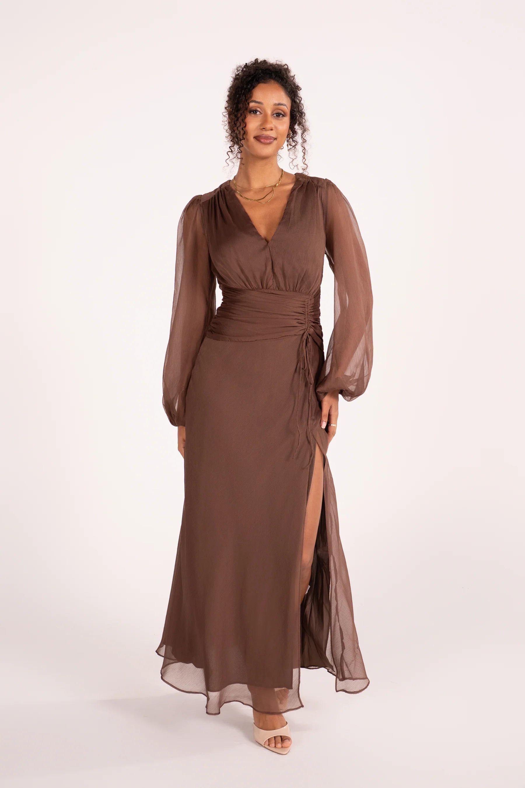 Fletcher Long Sheer Sleeve V-Neck Maxi Dress (Chocolate)