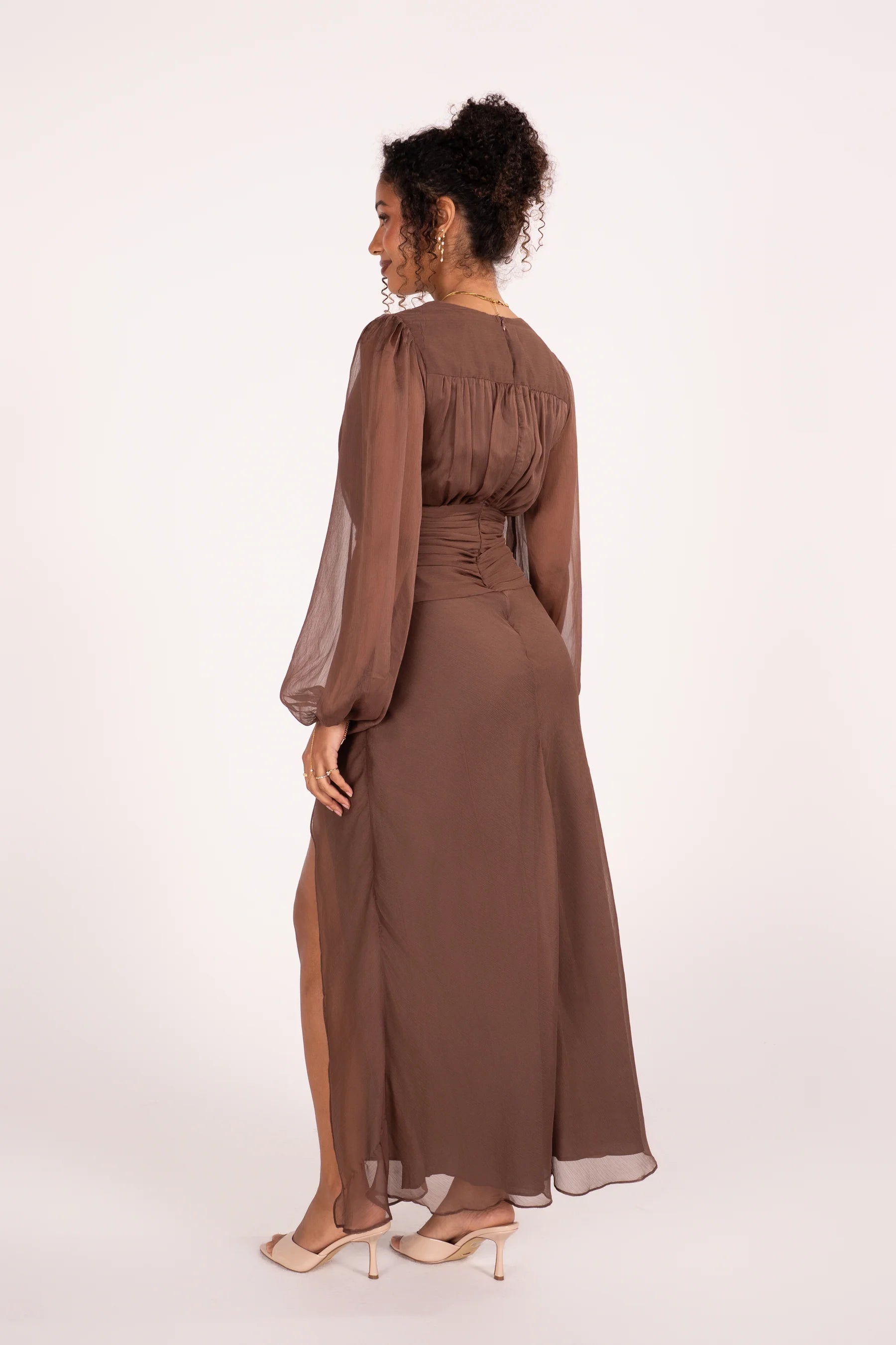 Fletcher Long Sheer Sleeve V-Neck Maxi Dress (Chocolate)