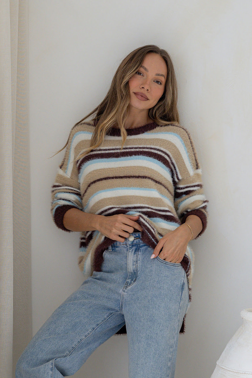 Aria Fluffy Knit Jumper (Camel/Chocolate)