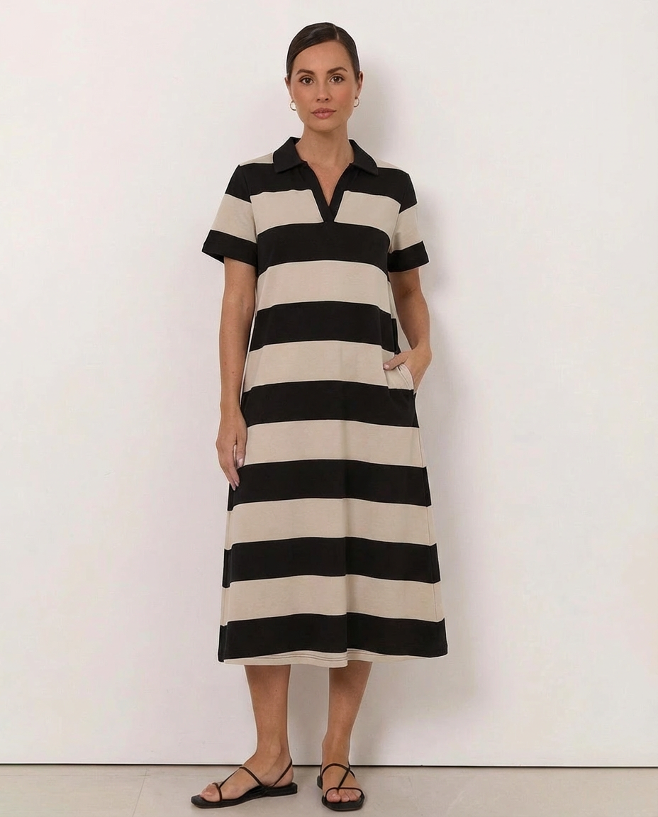 Polo Cotton Jersey Stripe Dress (Dove/Black)