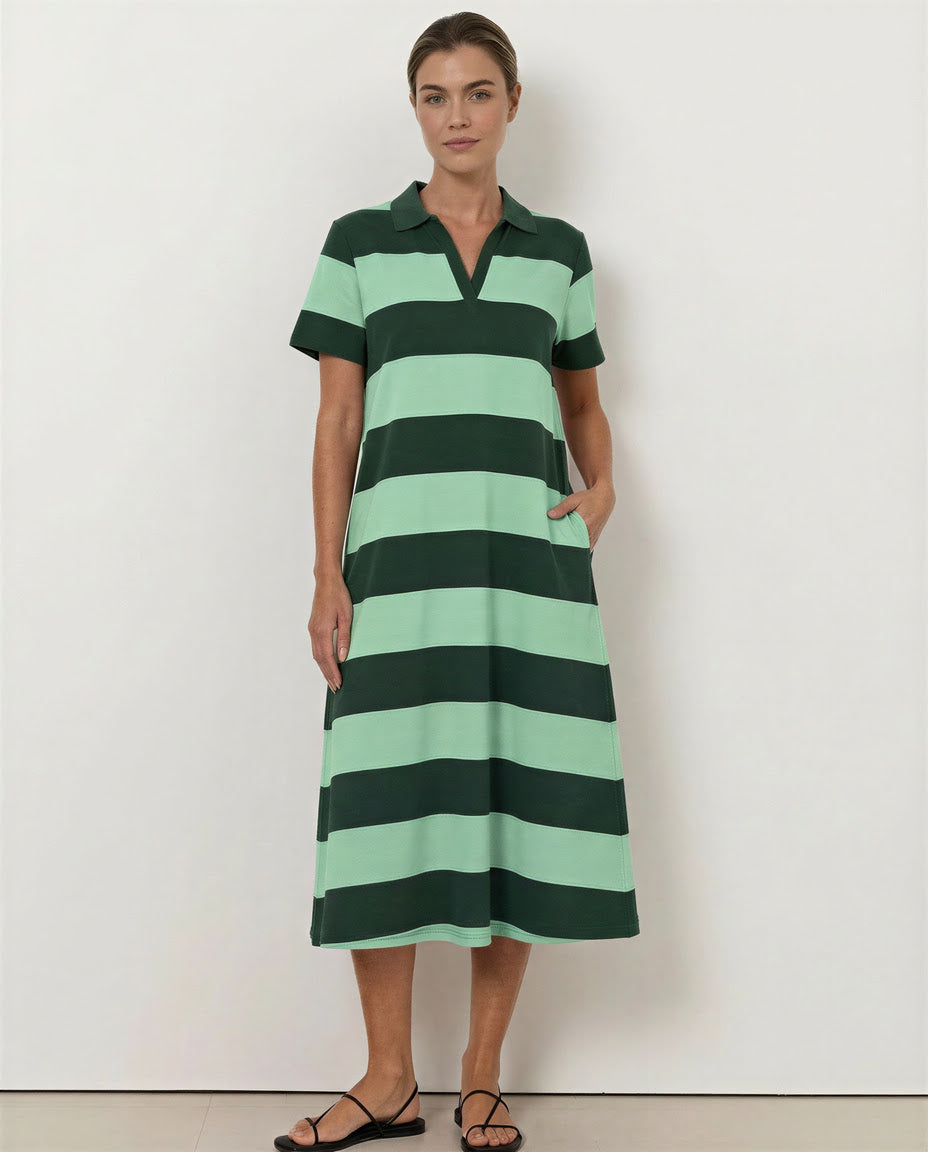 Polo Cotton Jersey Stripe Dress (Green/Forest)