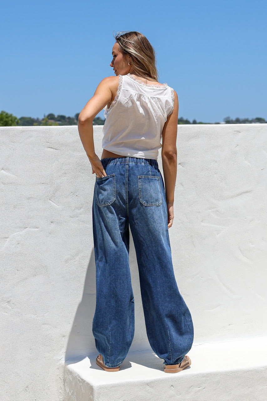 Drawstring Denim Barrel Jeans
