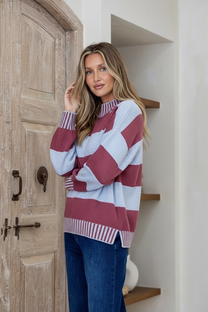 Tilly Blanket Stitch Knit (Wine/Blue)