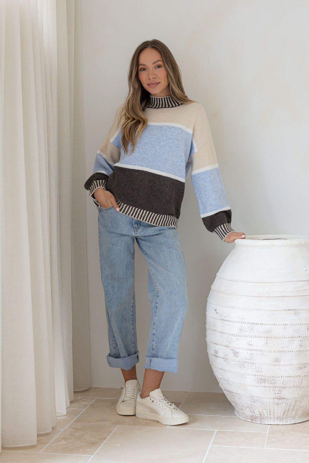 Tilly Blanket Stitch Knit (Blue/Chocolate)