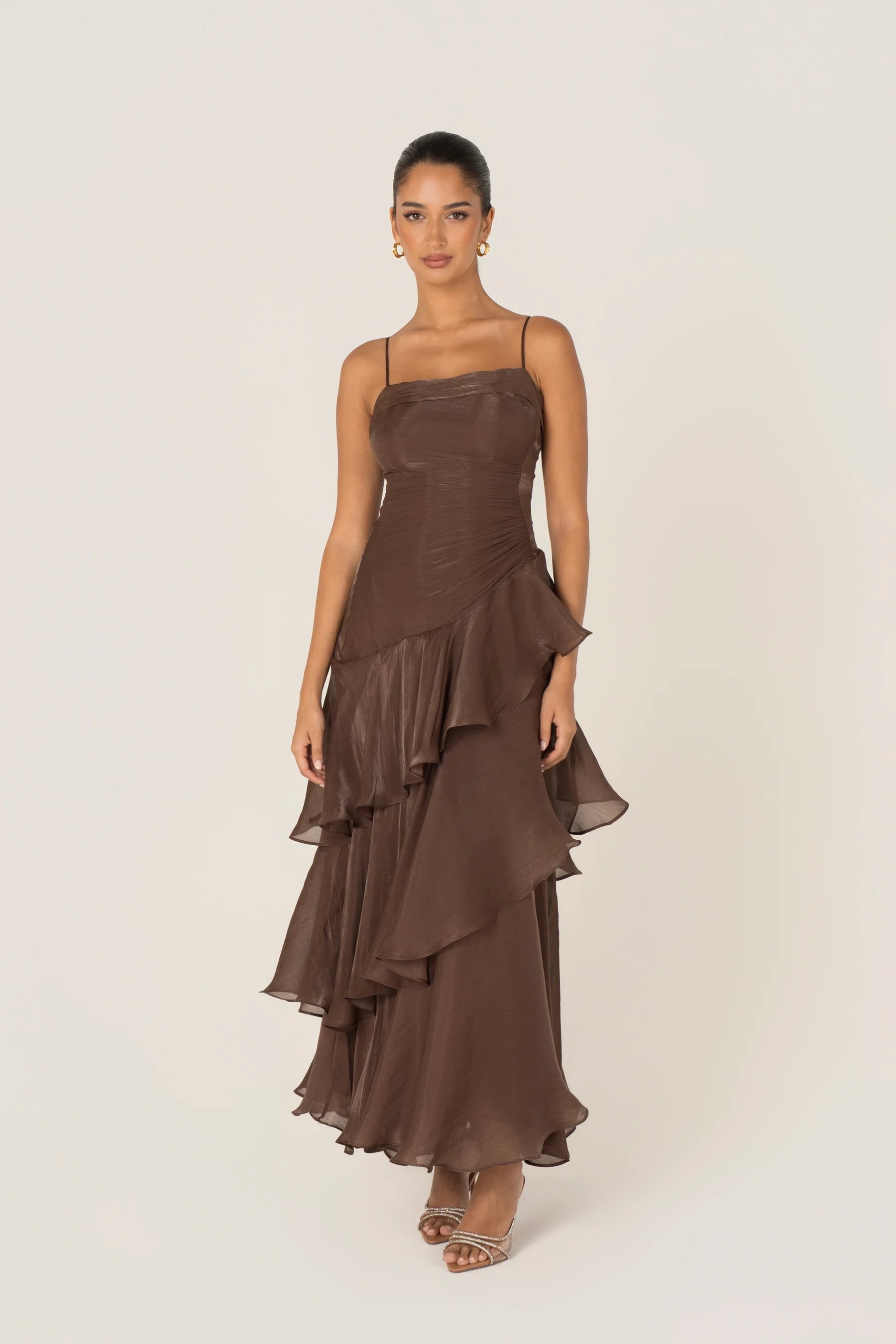 Johanna Shimmering Ruffle Maxi Dress (Chocolate)