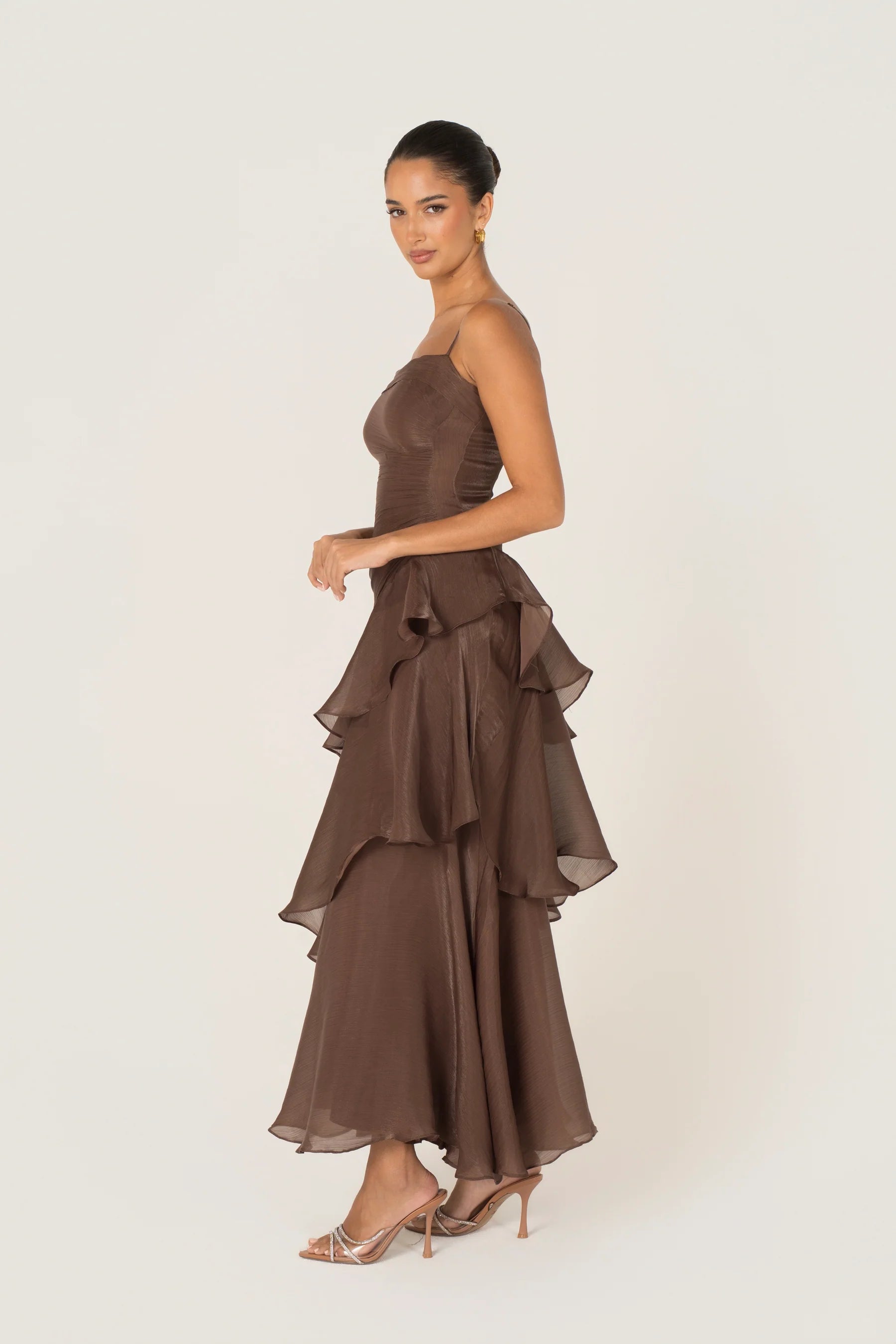 Johanna Shimmering Ruffle Maxi Dress (Chocolate)