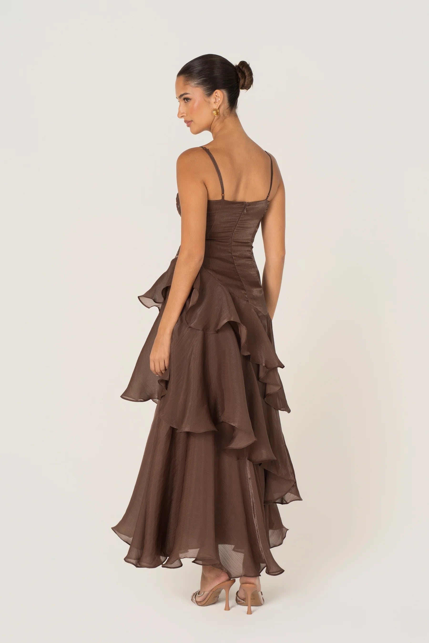 Johanna Shimmering Ruffle Maxi Dress (Chocolate)