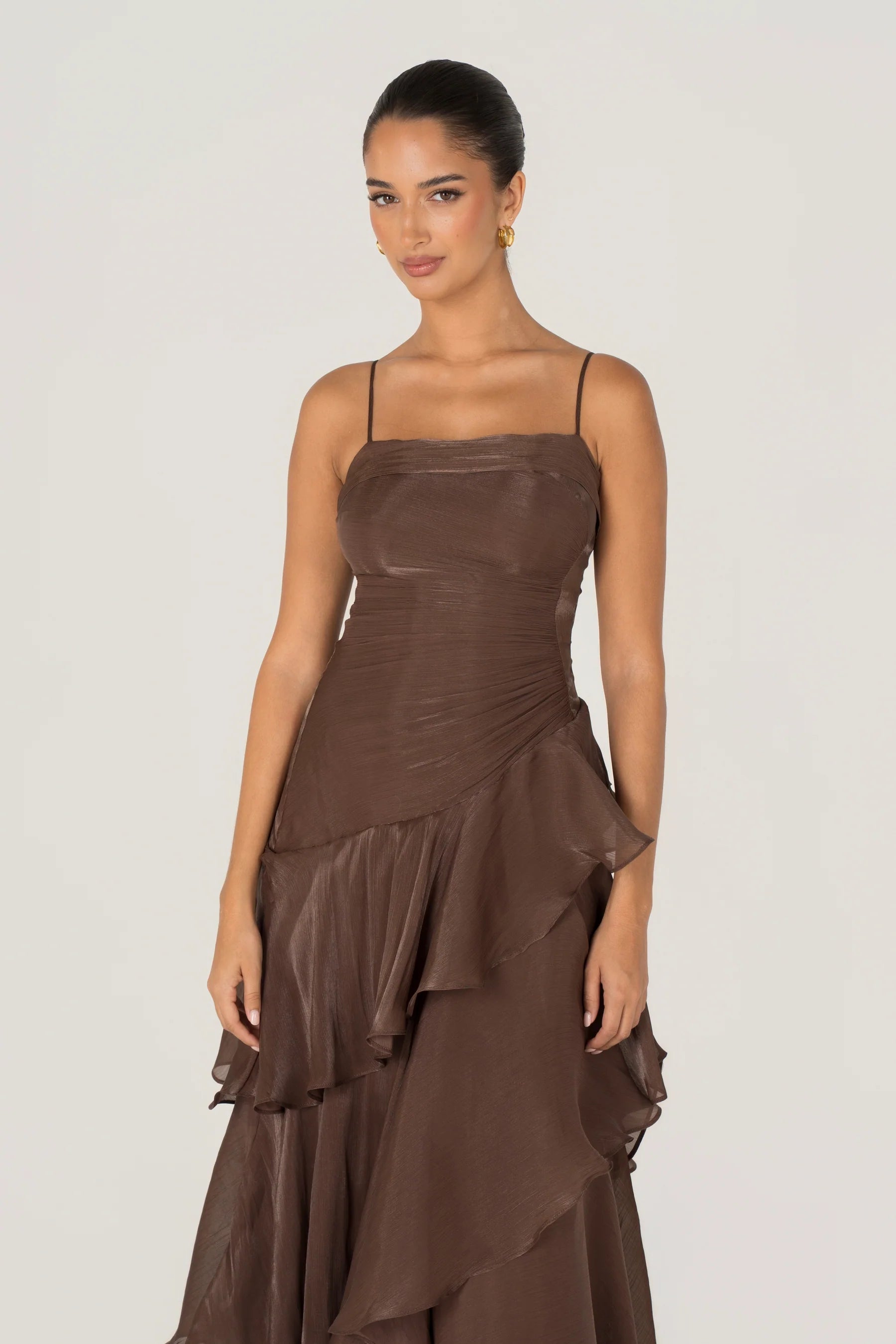 Johanna Shimmering Ruffle Maxi Dress (Chocolate)