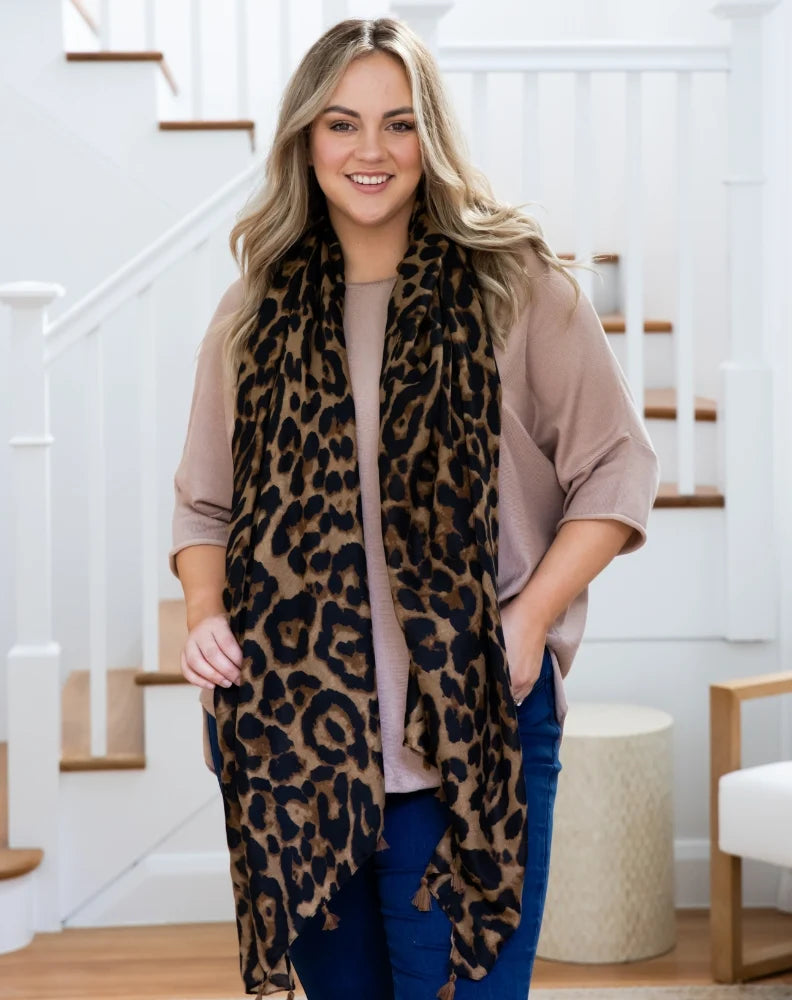 Animal Print Scarf (Brown Tassel)