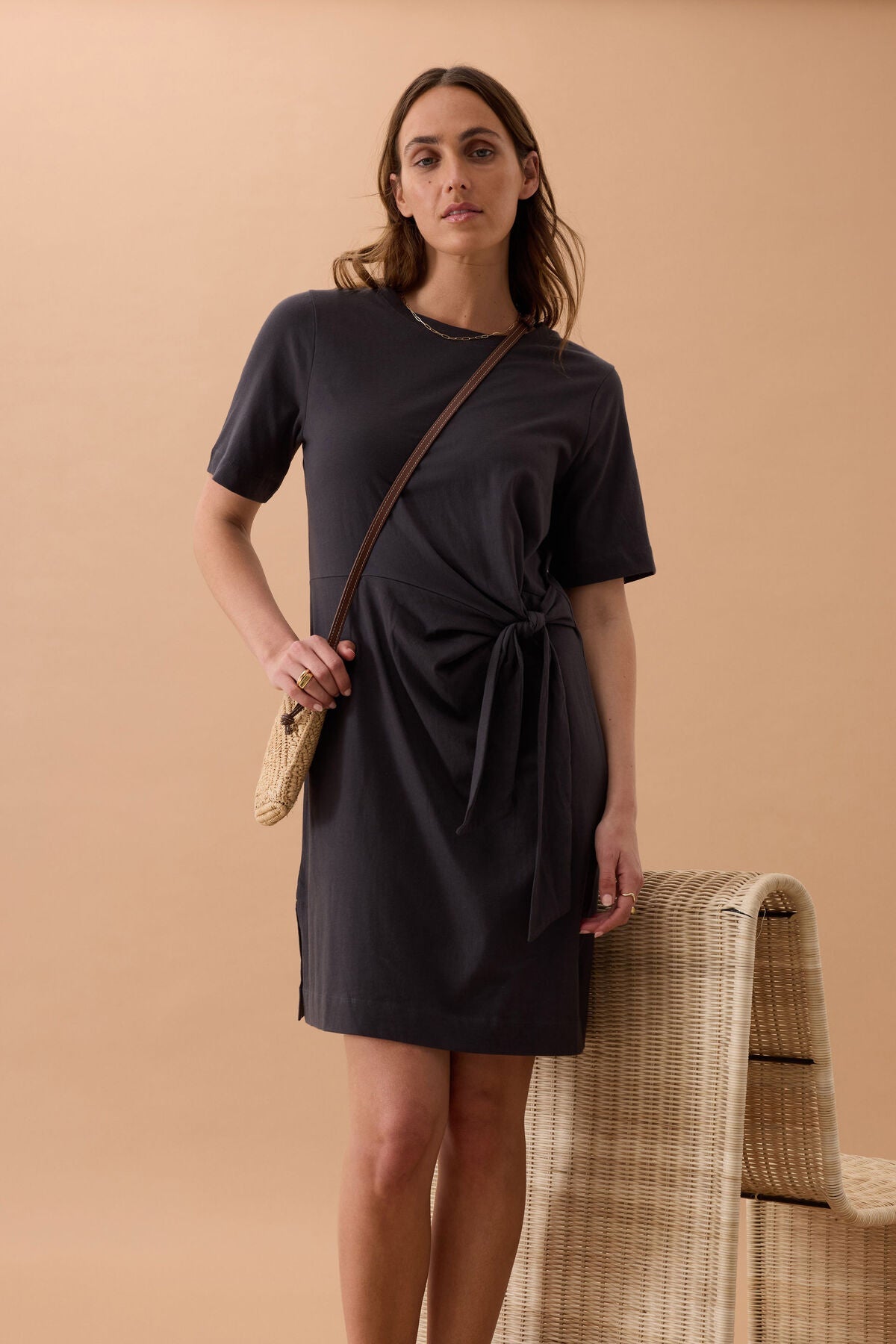 Agnes Tie Mini Tee Dress (Phantom) - Something For Me​​