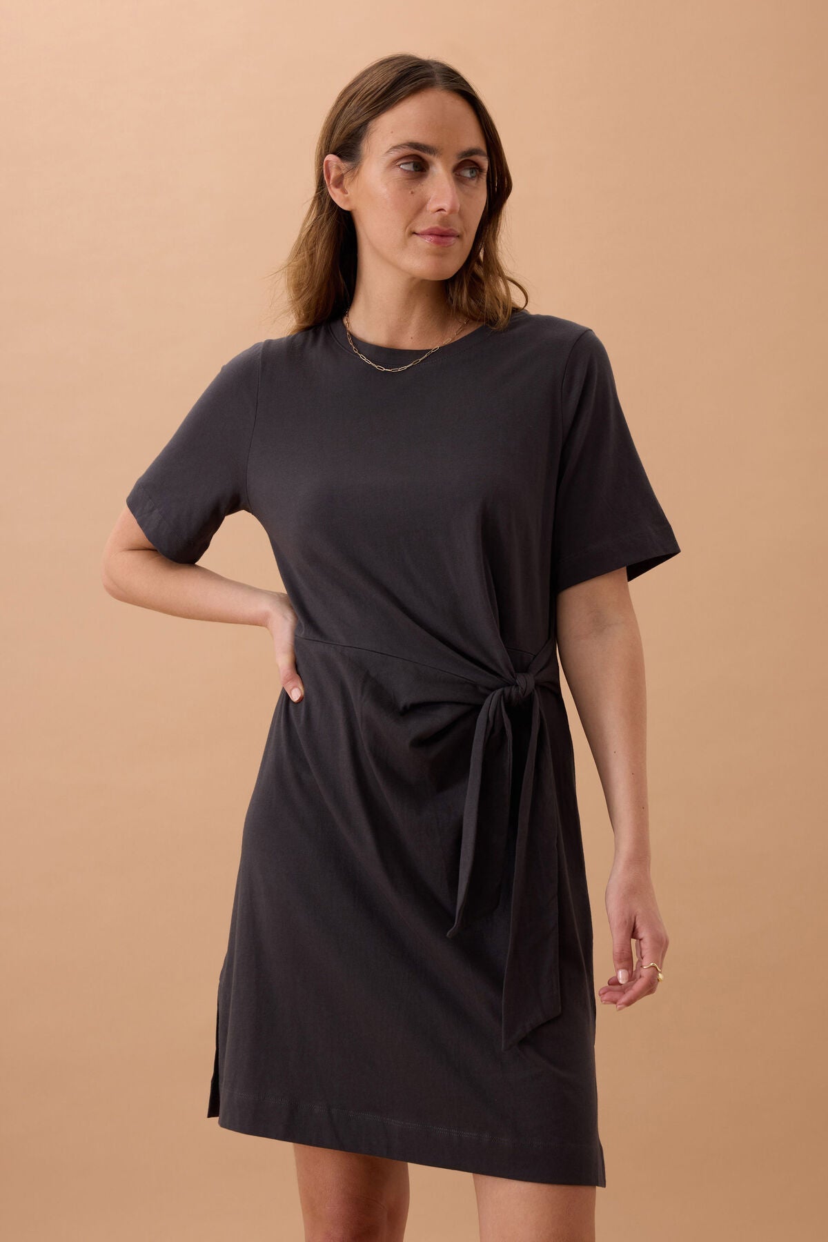 Agnes Tie Mini Tee Dress (Phantom) - Something For Me​​