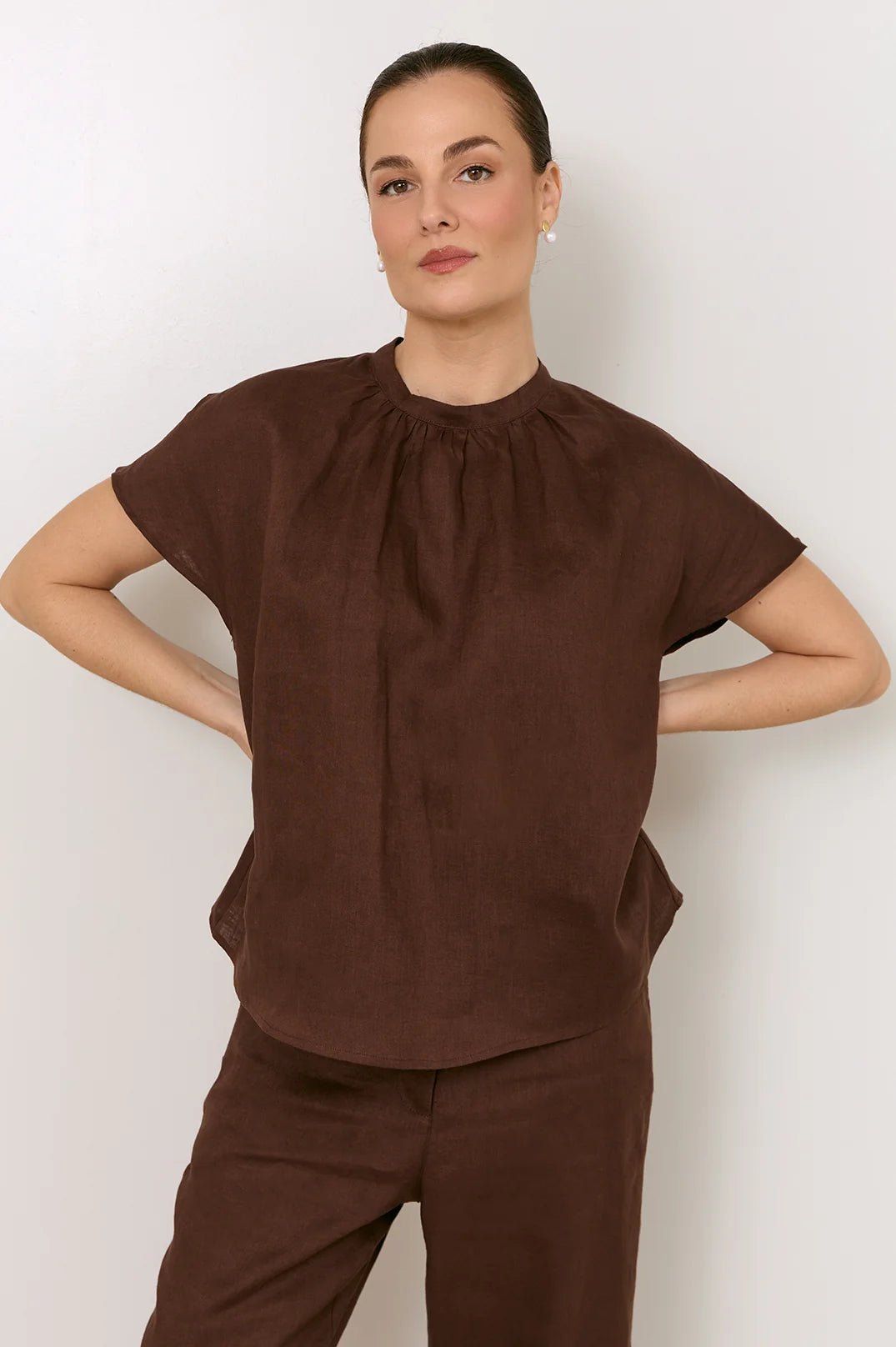 Alice Dolman Short Sleeve Linen Top (Chocolate) - Something For Me​​