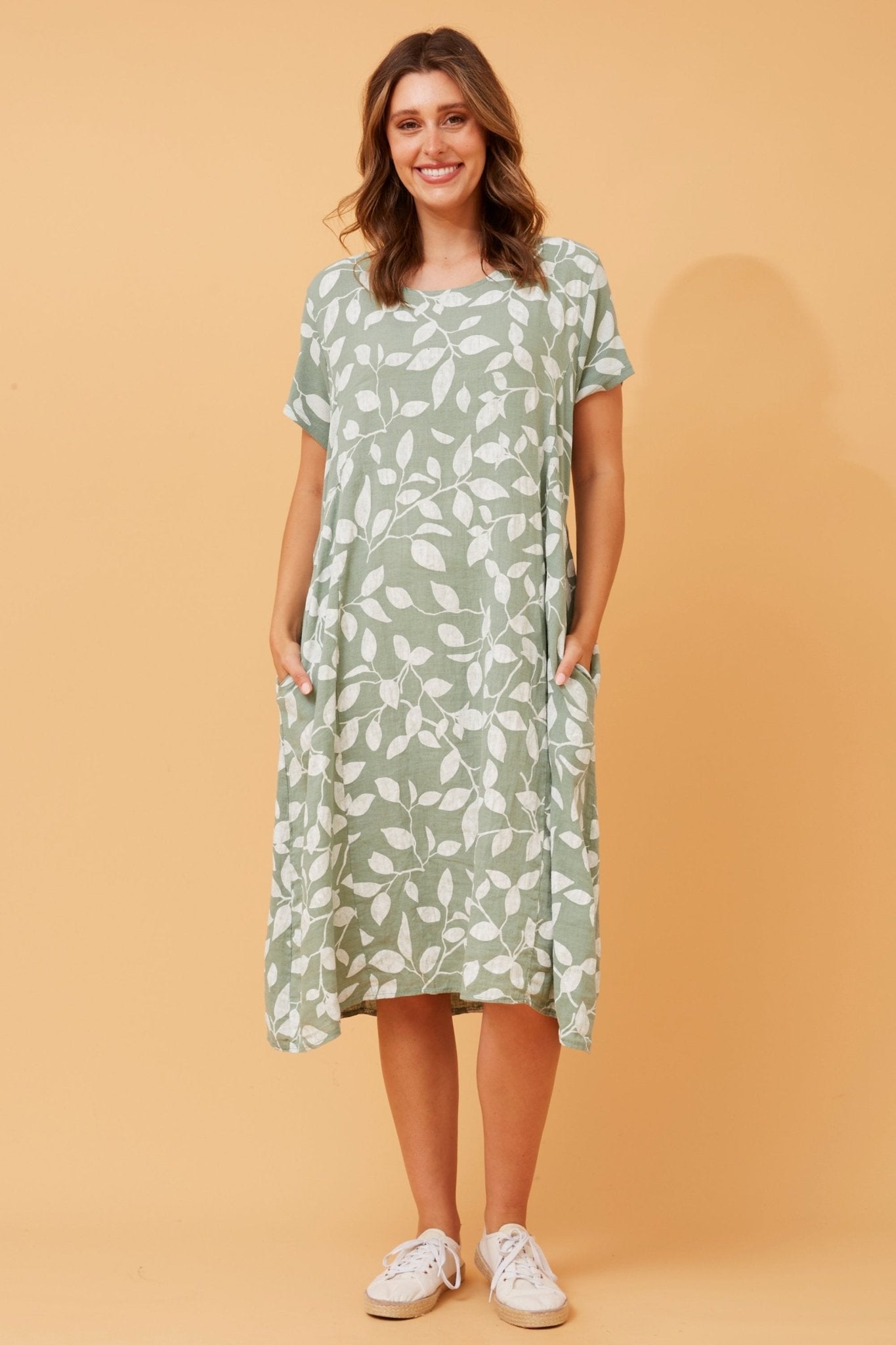 Batista Leaf Print Linen Dress (Sage) - Something For Me​​