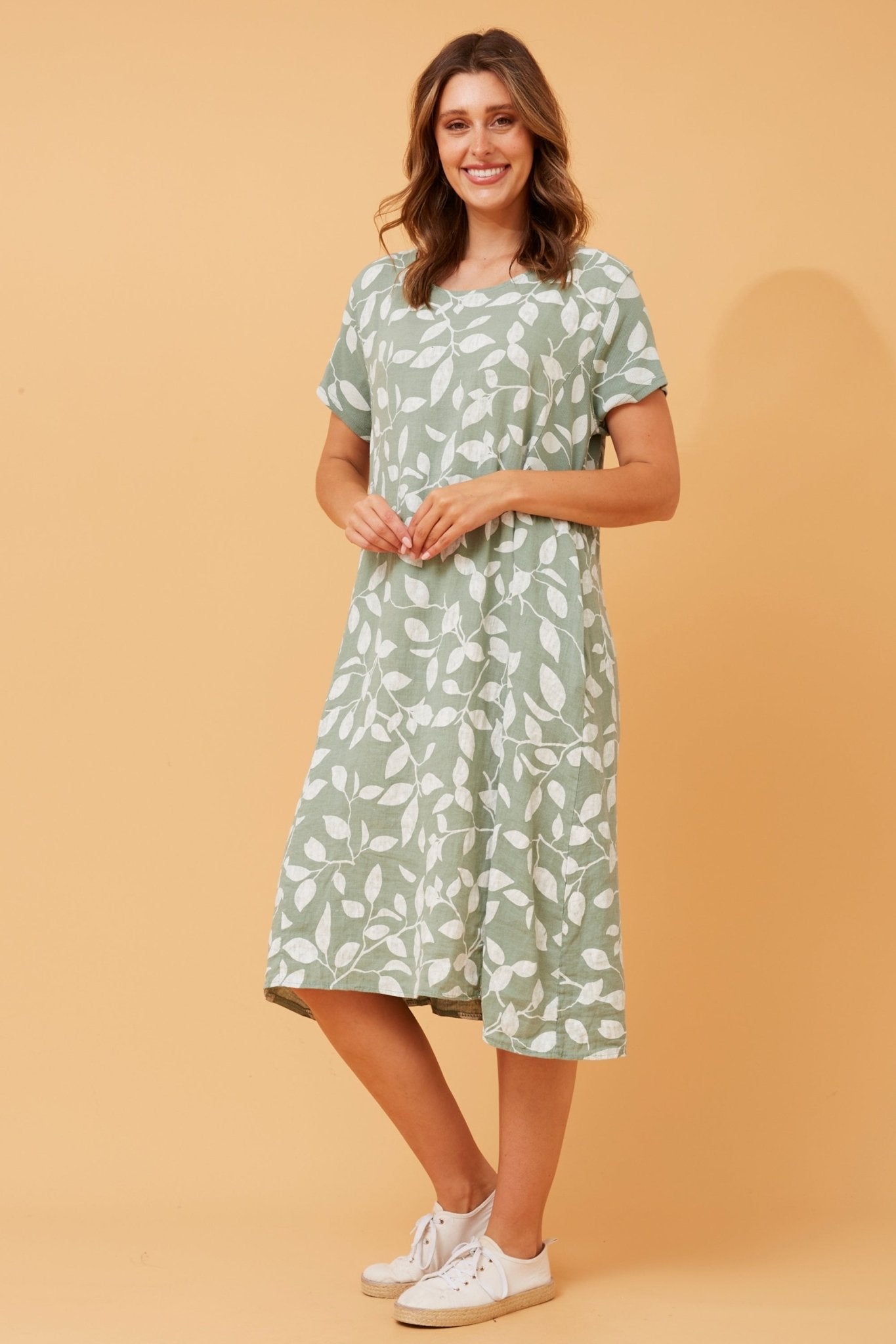 Batista Leaf Print Linen Dress (Sage) - Something For Me​​