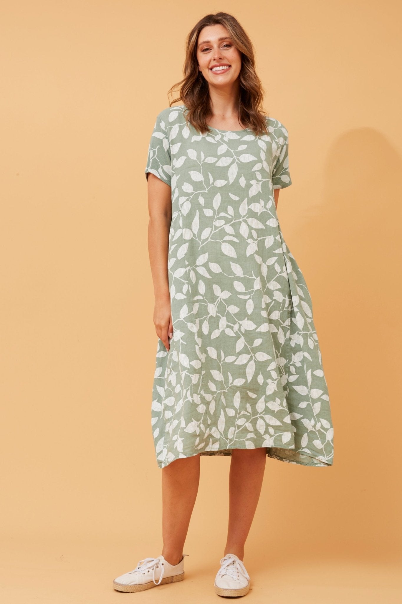 Batista Leaf Print Linen Dress (Sage) - Something For Me​​