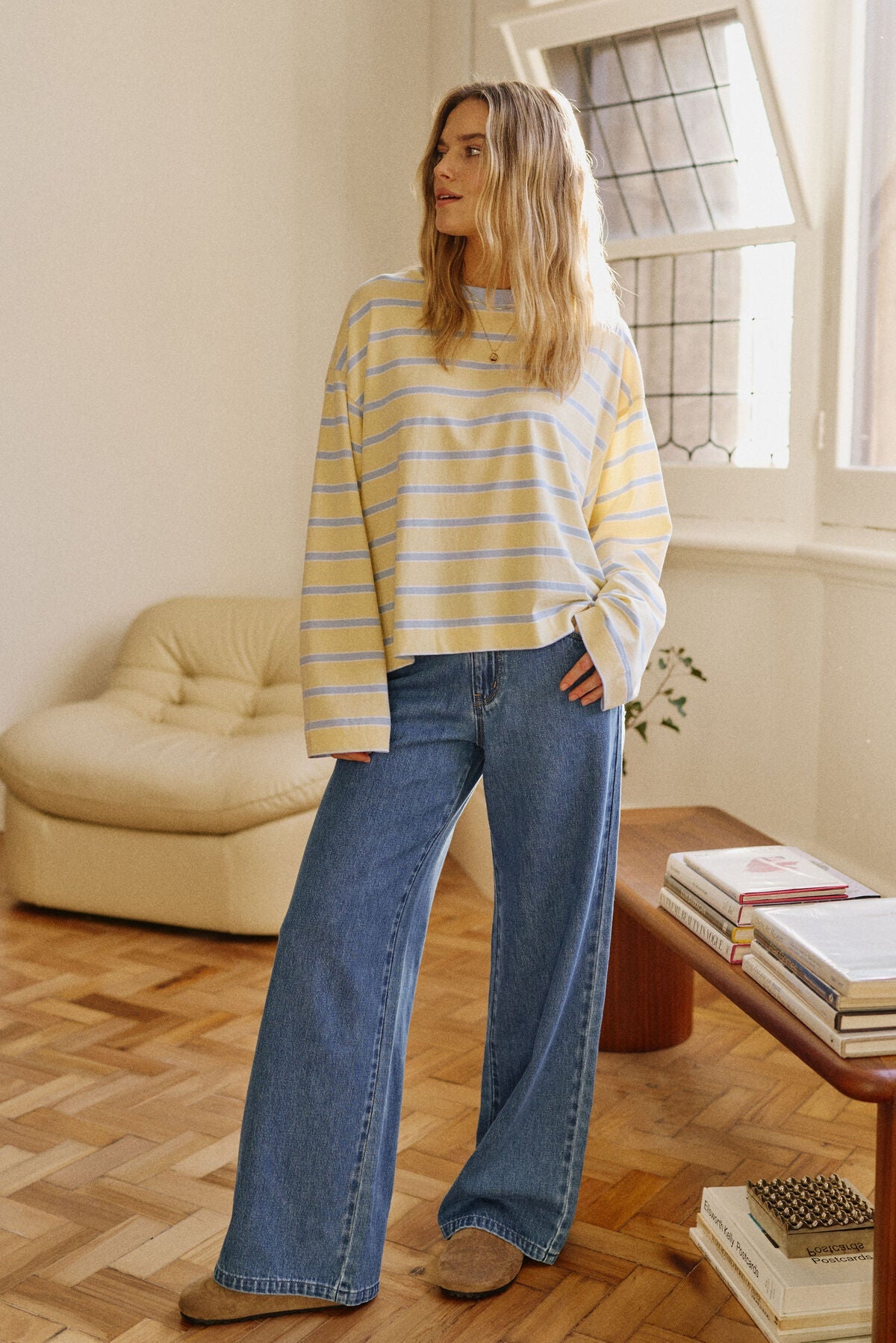 Beau Long Sleeve Slouchy Tee (Butter/China Blue Stripe) - Something For Me​​