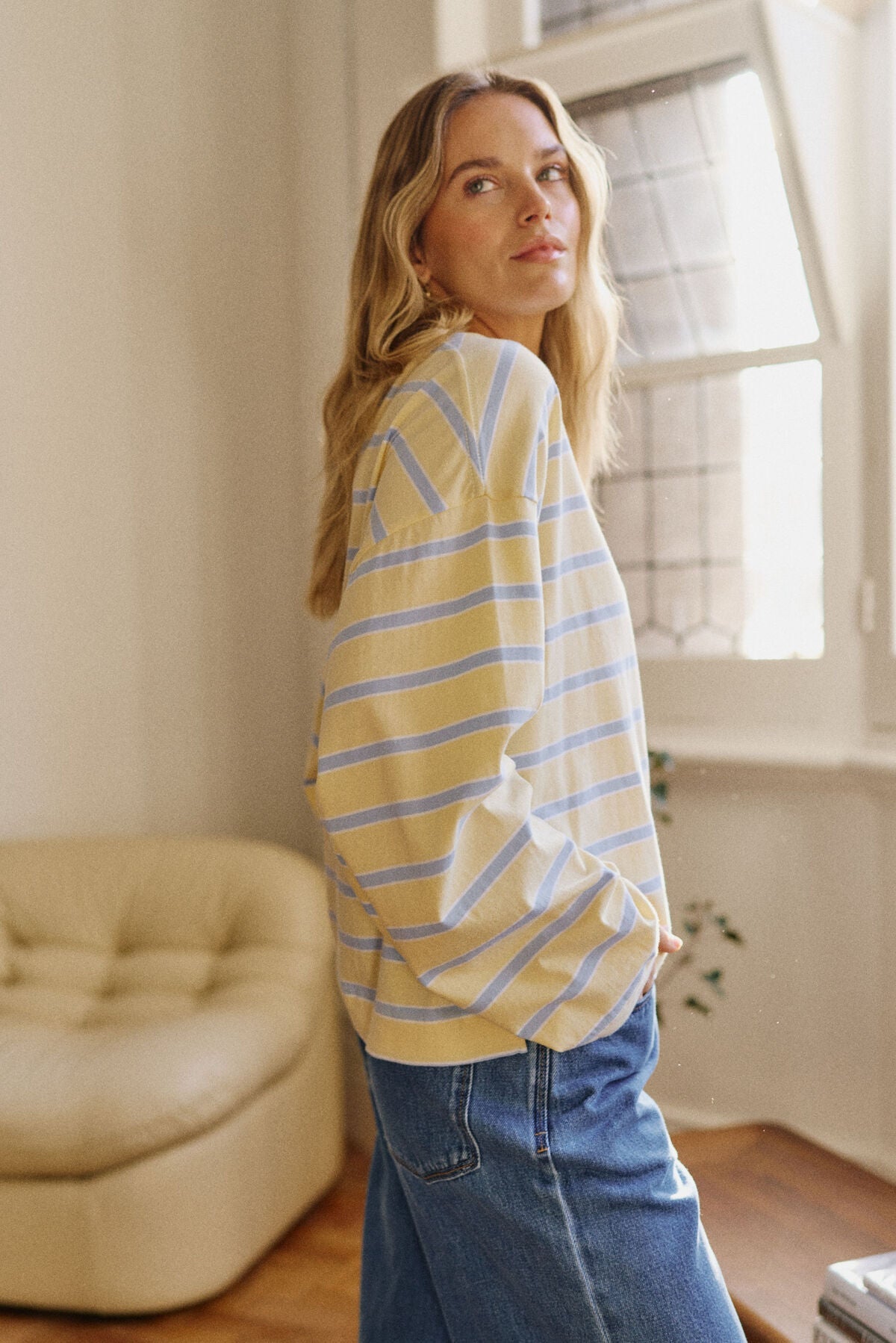 Beau Long Sleeve Slouchy Tee (Butter/China Blue Stripe) - Something For Me​​