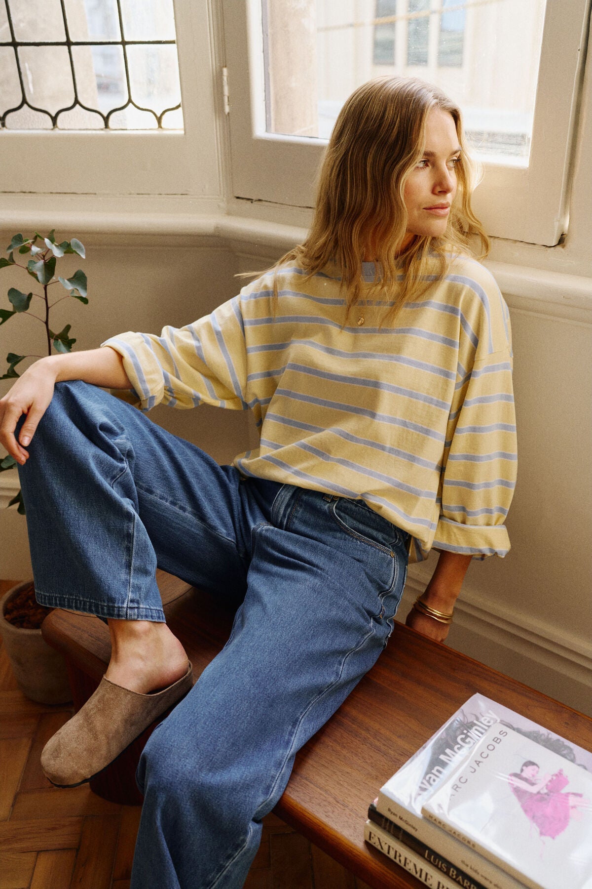 Beau Long Sleeve Slouchy Tee (Butter/China Blue Stripe) - Something For Me​​