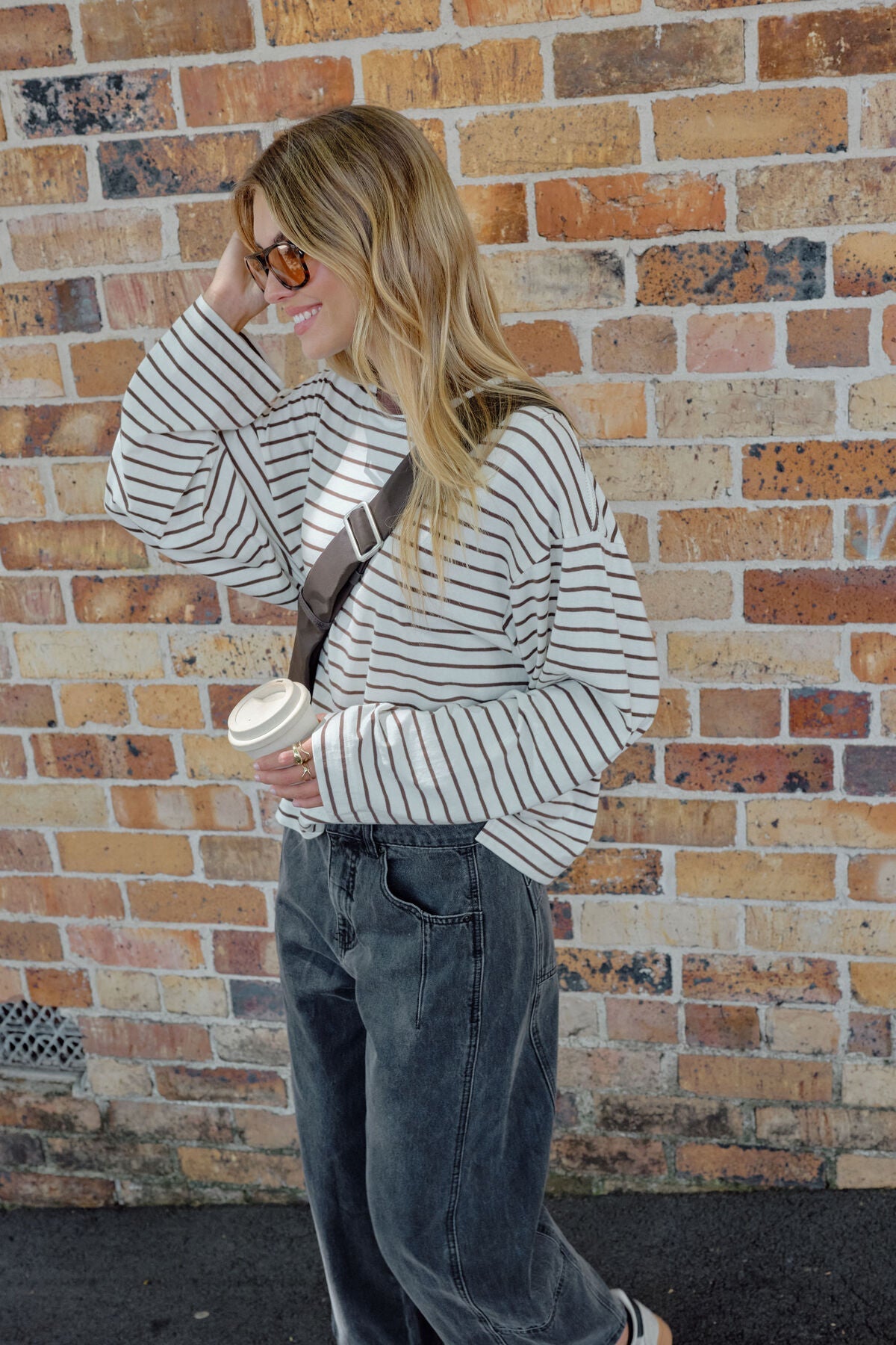 Beau Long Sleeve Slouchy Tee (Milk/Brunette Brown Stripe) - Something For Me​​
