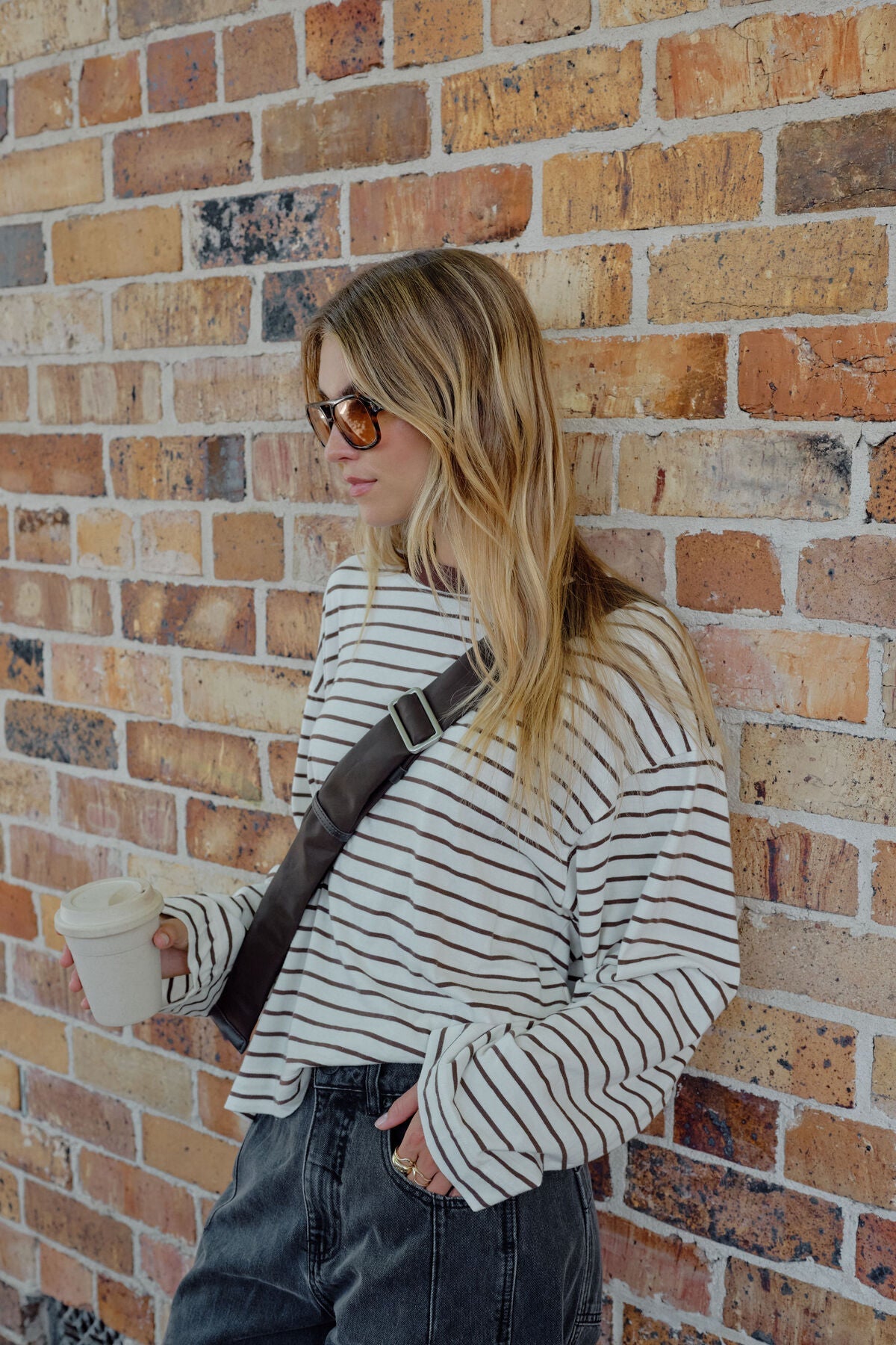 Beau Long Sleeve Slouchy Tee (Milk/Brunette Brown Stripe) - Something For Me​​