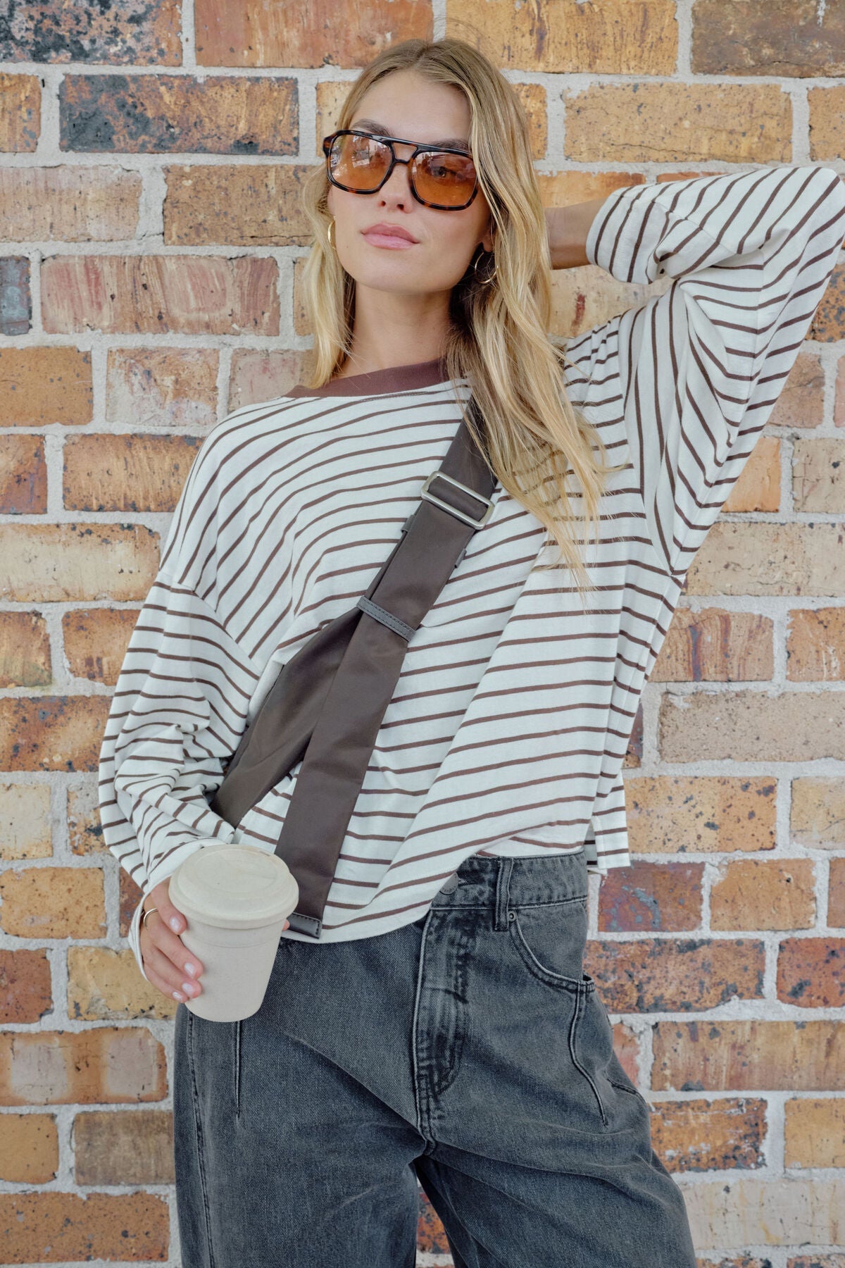 Beau Long Sleeve Slouchy Tee (Milk/Brunette Brown Stripe) - Something For Me​​