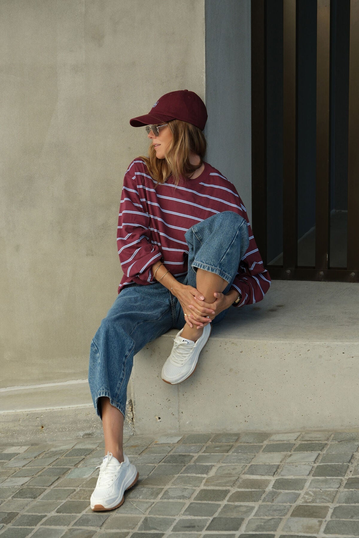 Beau Long Sleeve Slouchy Tee (Washed Burgundy/Sky Blue) - Something For Me​​