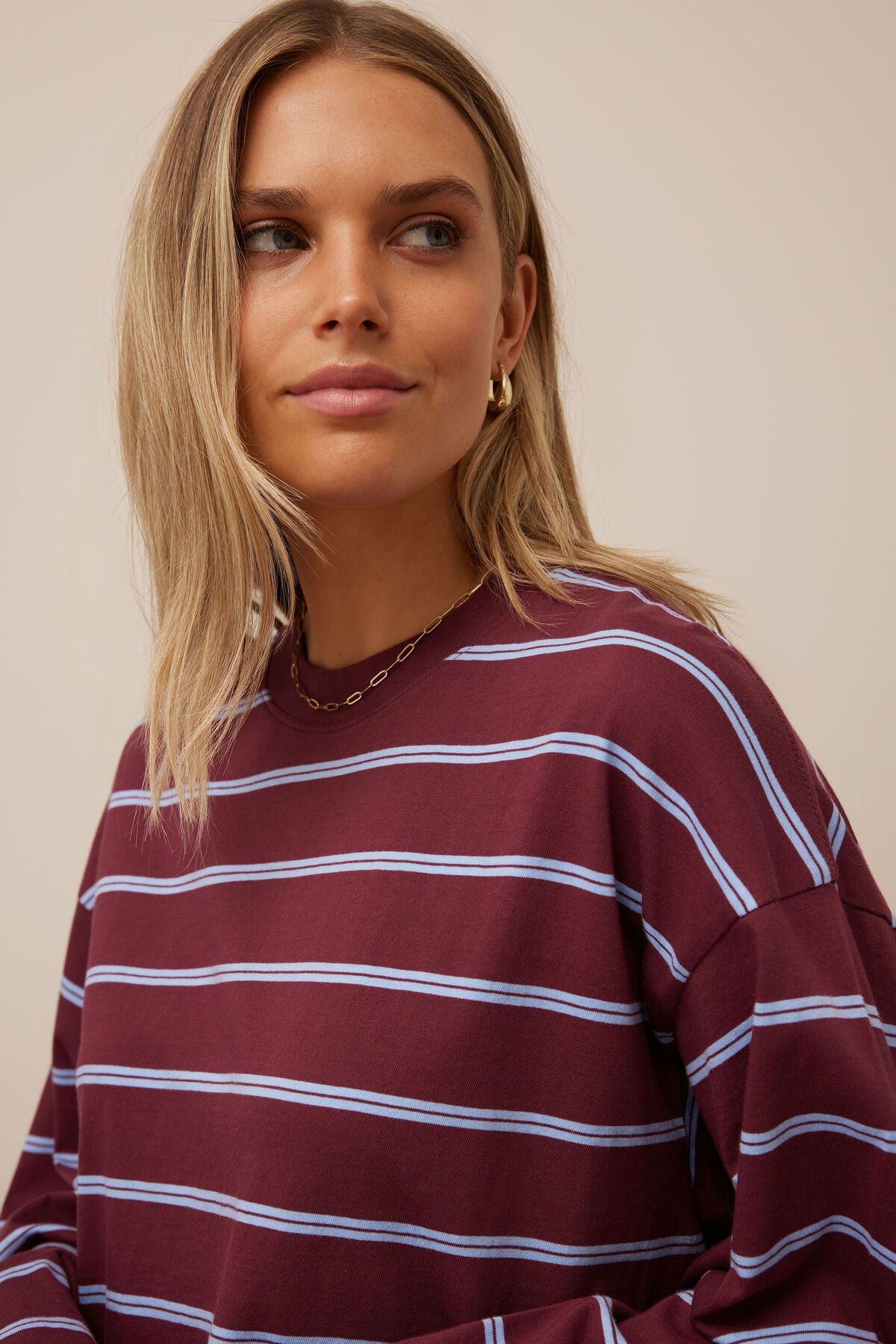 Beau Long Sleeve Slouchy Tee (Washed Burgundy/Sky Blue) - Something For Me​​