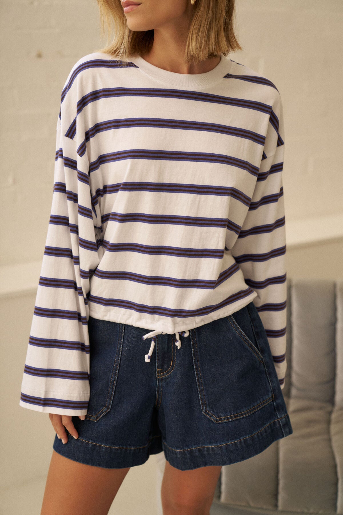 Beau Tie Slouchy Tee (White/Polo Choc Stripe) - Something For Me​​