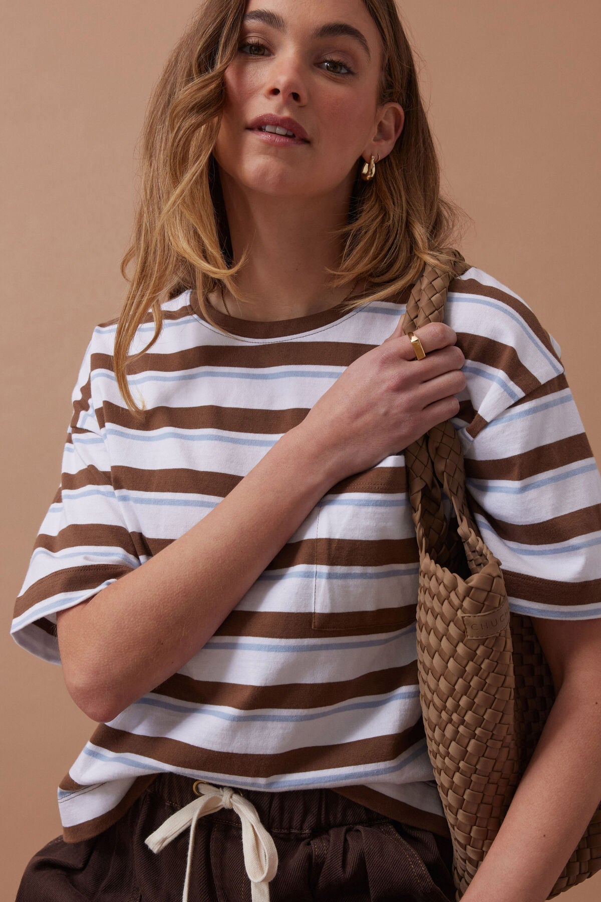 Boa Boxy Pocket Tee (White/Milk Choc Chalk Stripe) - Something For Me​​