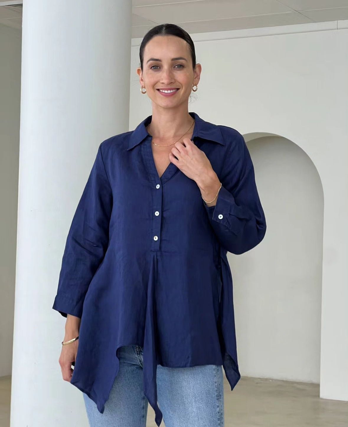 Danica Linen Top (Navy) - Something For Me​​