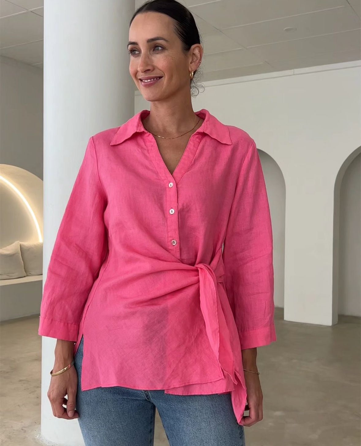 Danica Linen Top (Pink) - Something For Me​​