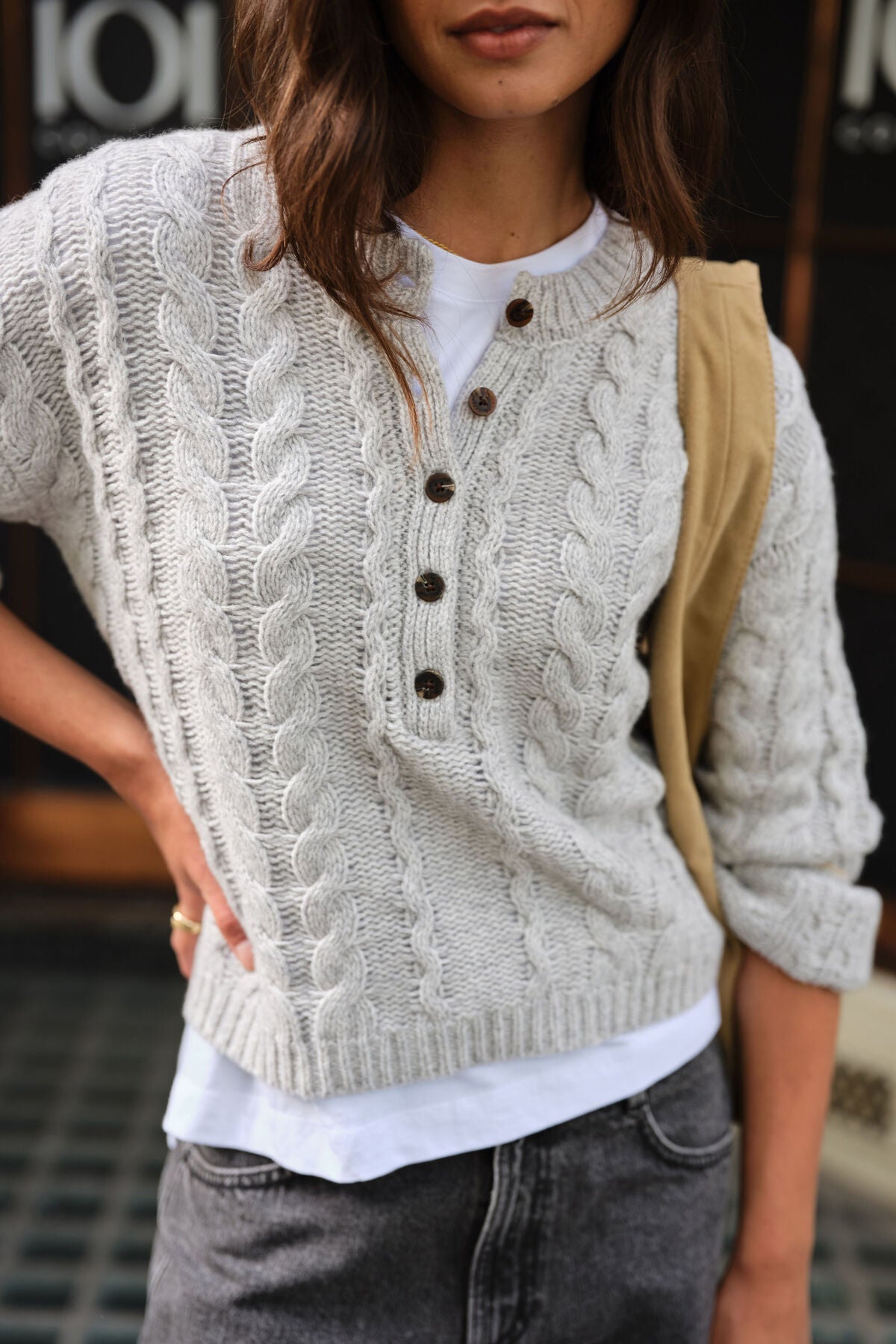 Enid Cable Knit Henley (Silver Marle) - Something For Me​​