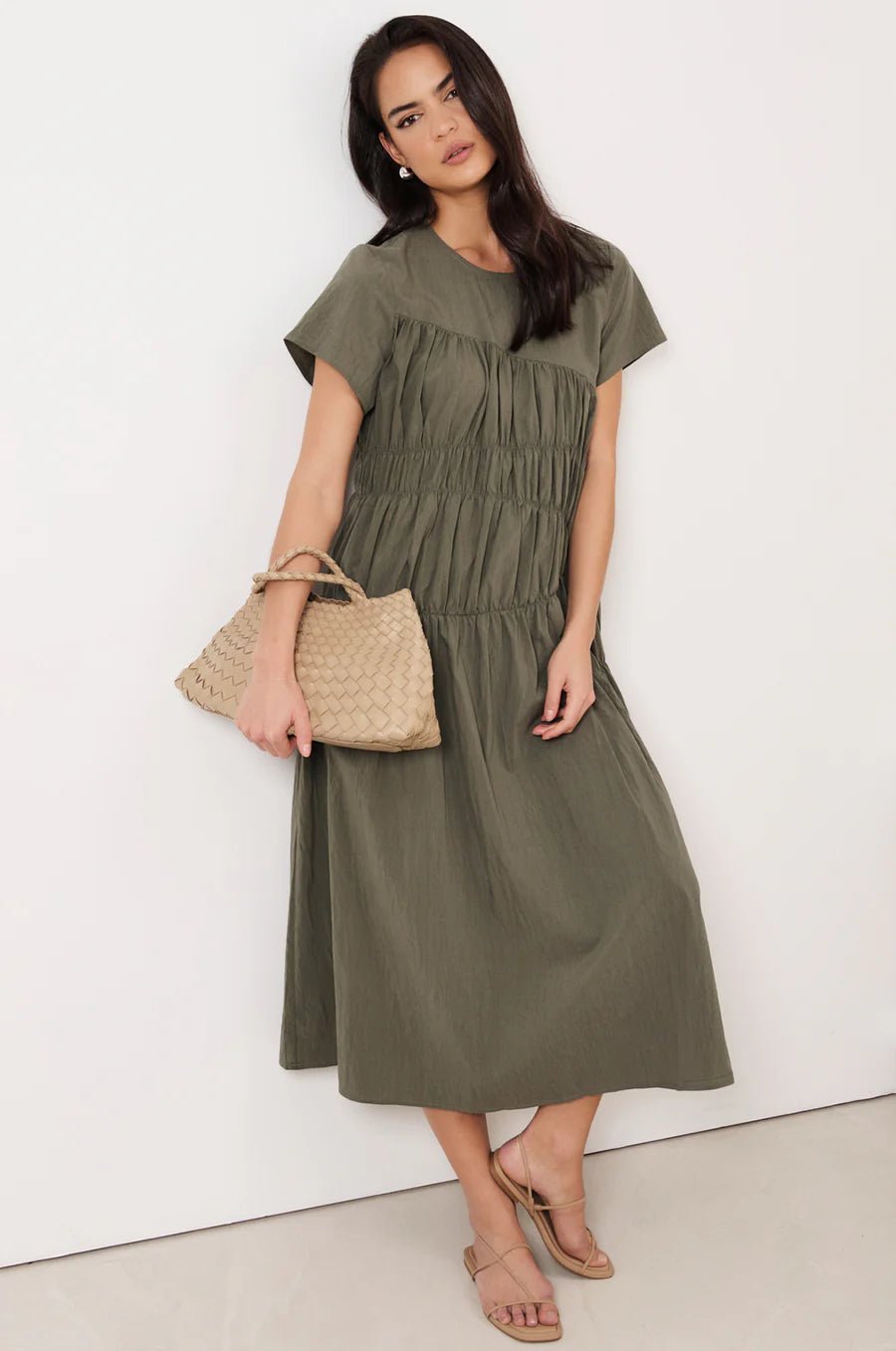 Evren Cap Sleeve Midi Dress (Khaki) - Something For Me​​