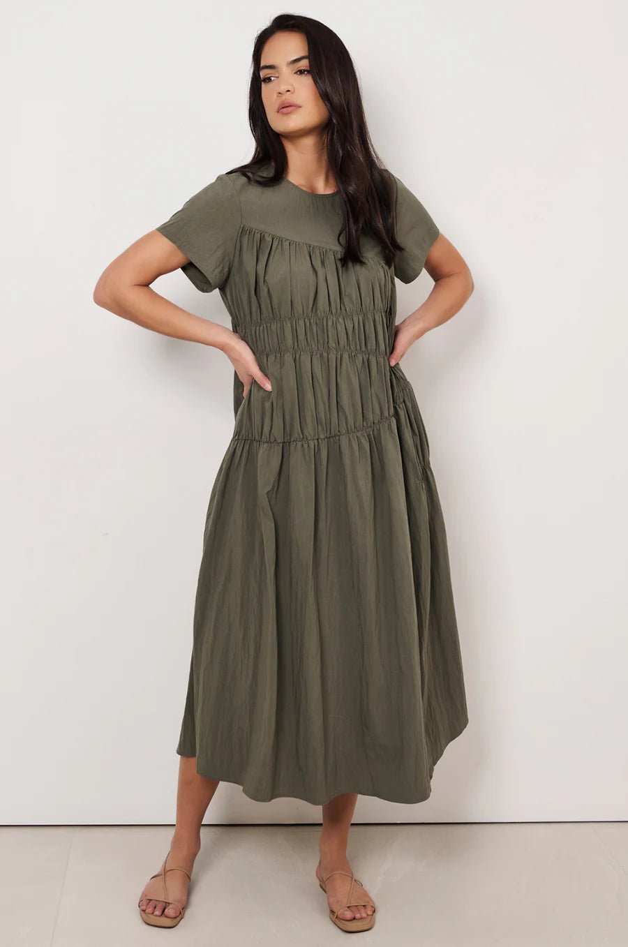 Evren Cap Sleeve Midi Dress (Khaki) - Something For Me​​