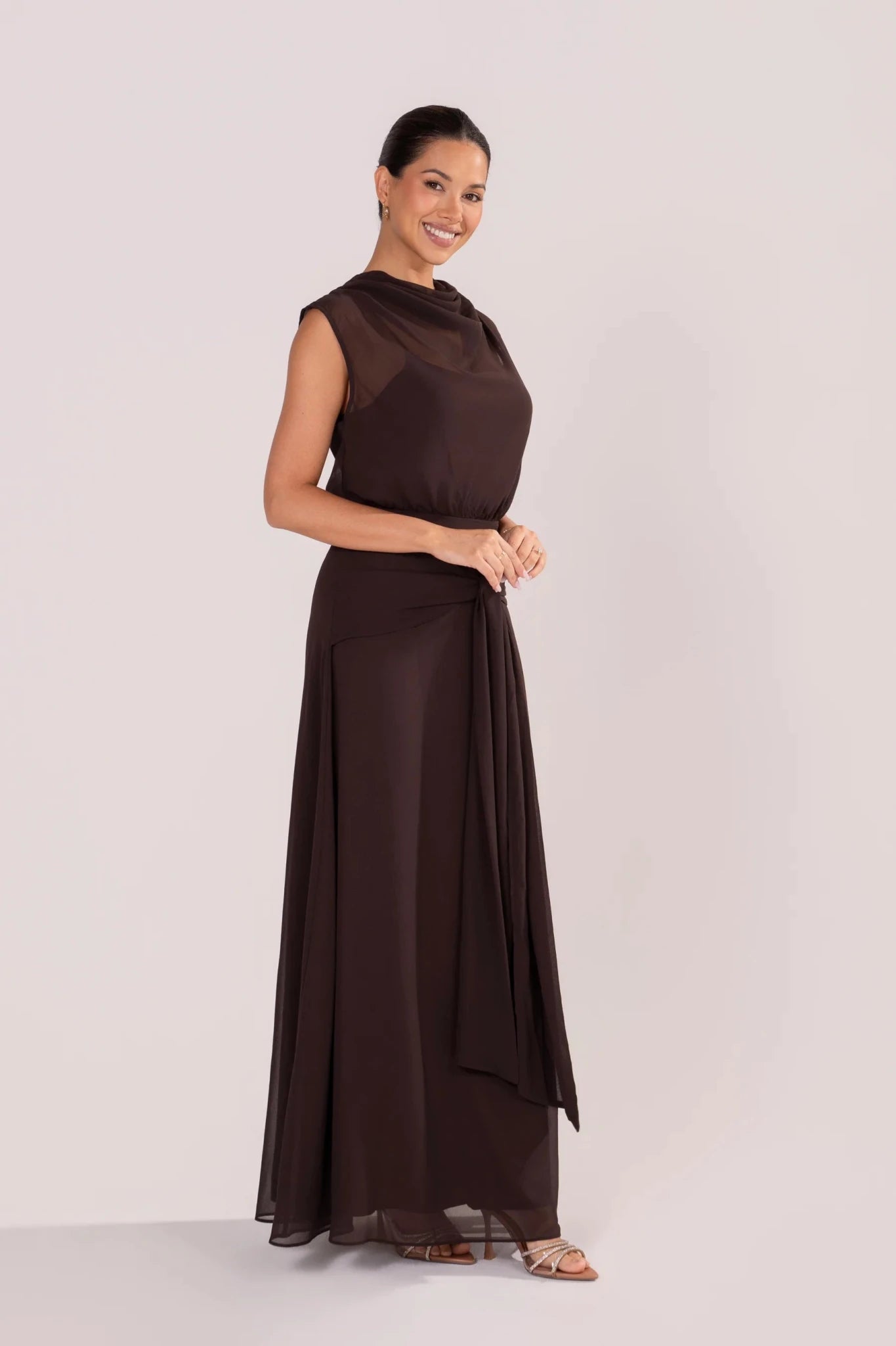 Fidelia Chocolate Maxi Dress with Sheer Cowl Overlay (Chocolate) - Something For Me​​