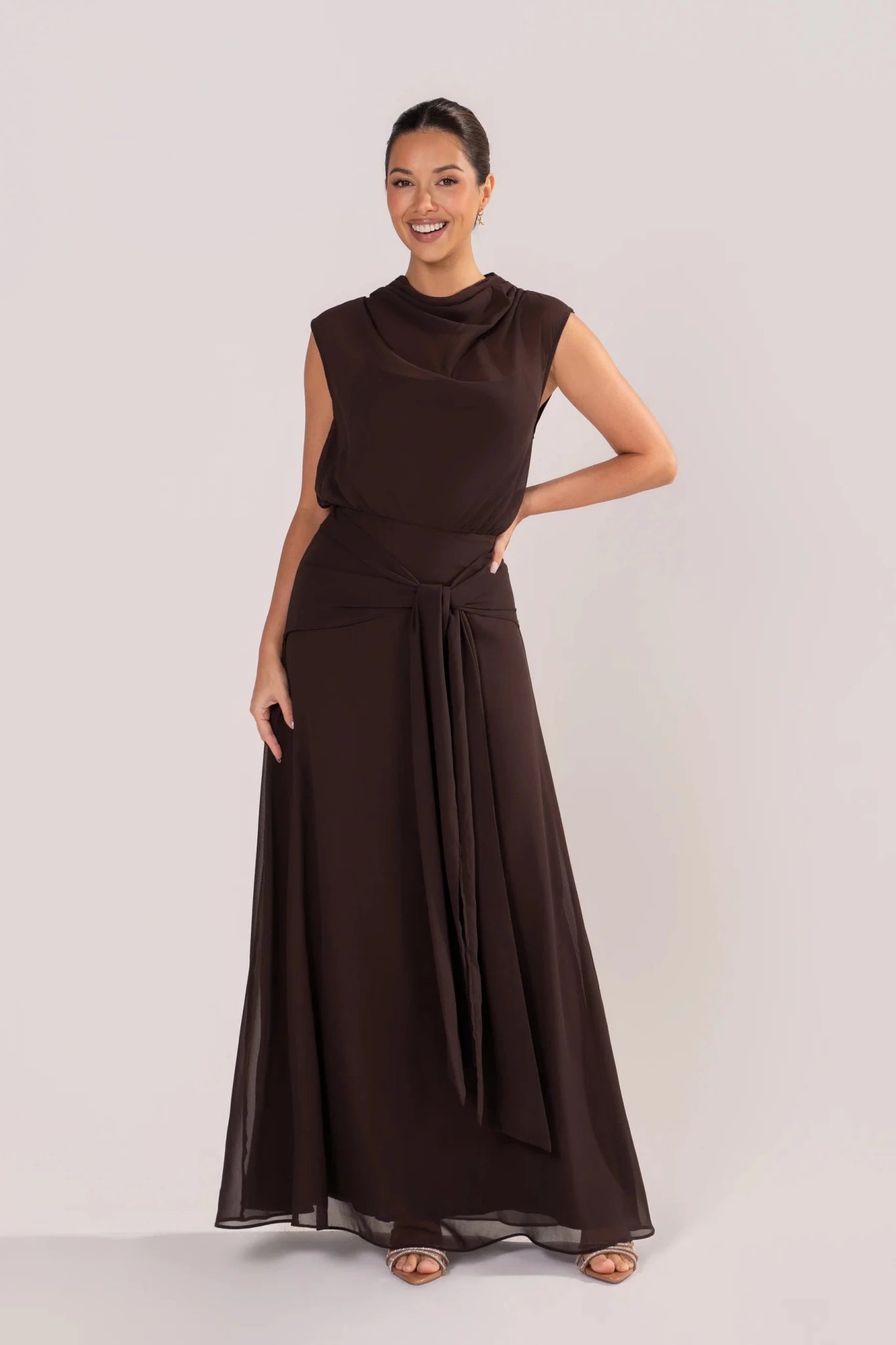 Fidelia Chocolate Maxi Dress with Sheer Cowl Overlay (Chocolate) - Something For Me​​