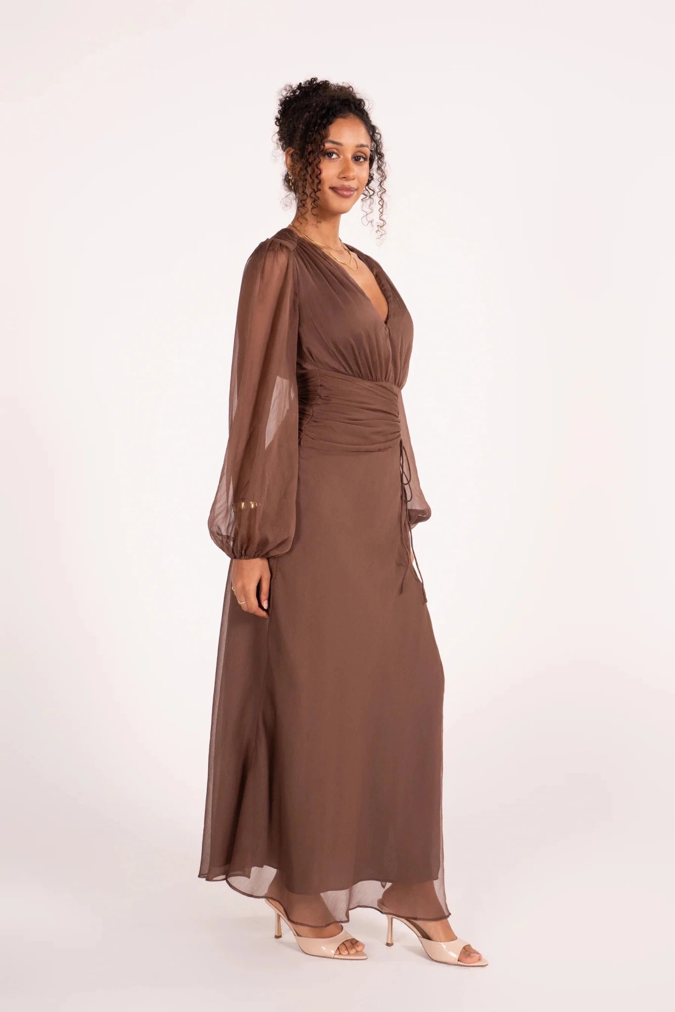 Fletcher Long Sheer Sleeve V-Neck Maxi Dress (Chocolate) - Something For Me​​
