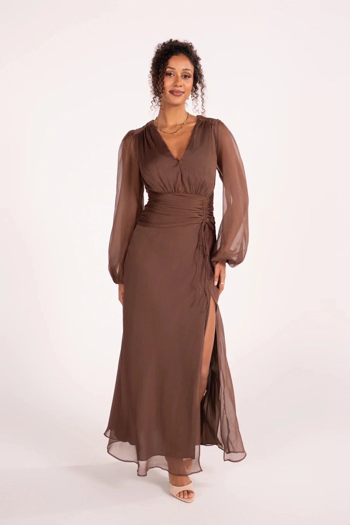 Fletcher Long Sheer Sleeve V-Neck Maxi Dress (Chocolate) - Something For Me​​