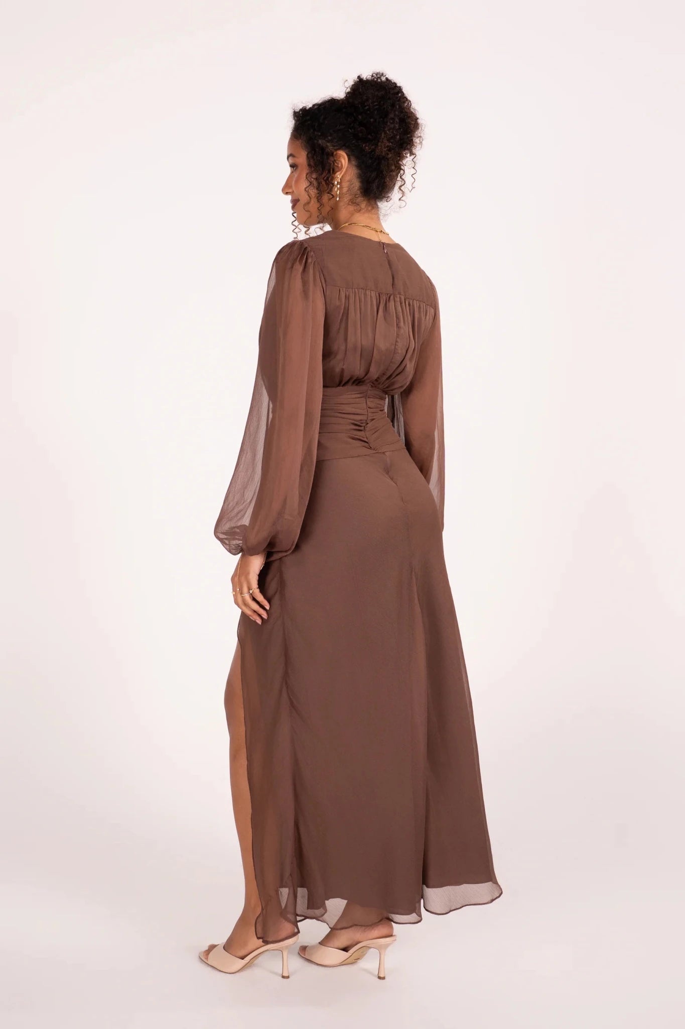 Fletcher Long Sheer Sleeve V-Neck Maxi Dress (Chocolate) - Something For Me​​