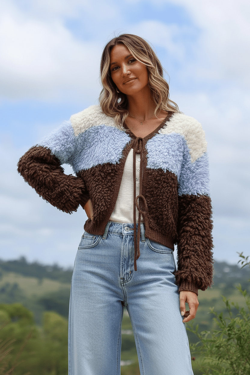 Fluffy Block Cardigan (Chocolate/Blue) - Something For Me​​
