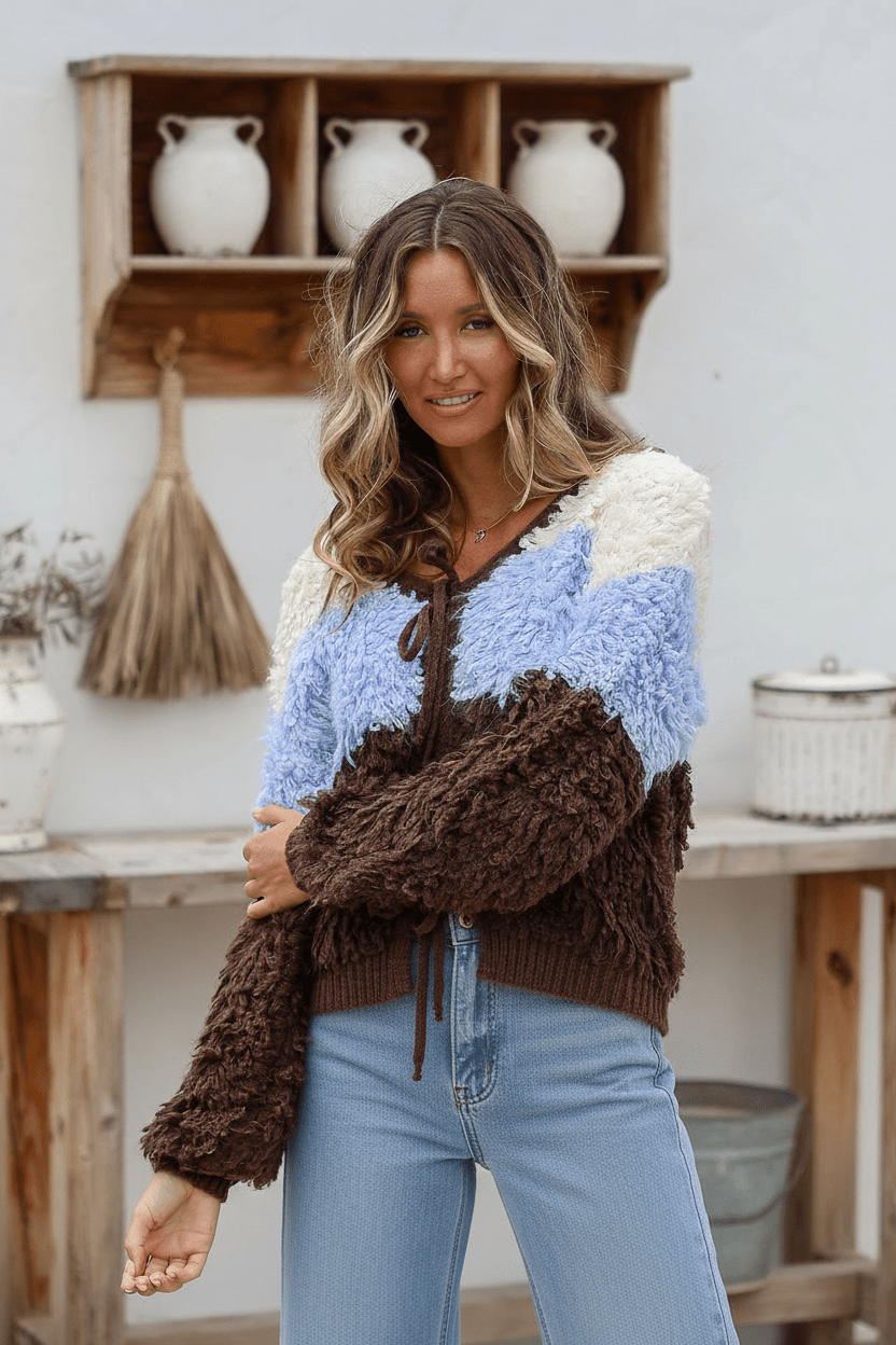 Fluffy Block Cardigan (Chocolate/Blue) - Something For Me​​