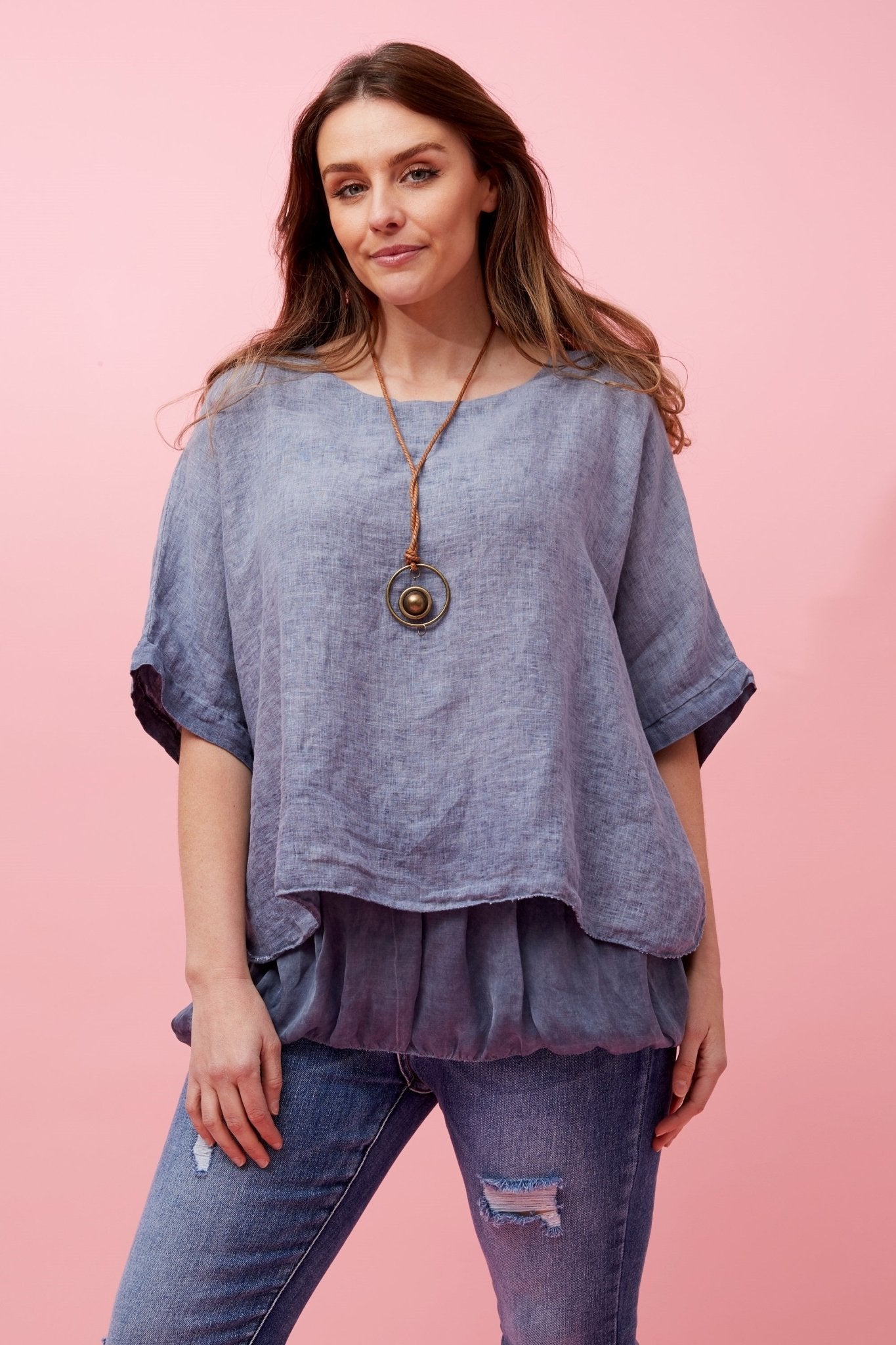Giana Double Layered Linen Top (Blue) - Something For Me​​
