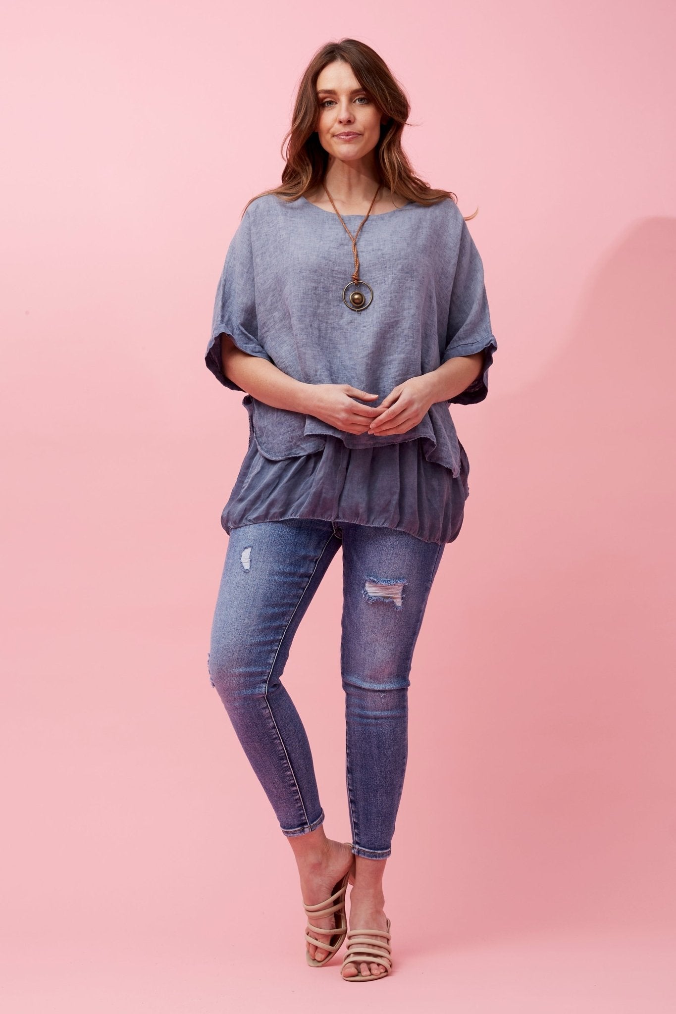 Giana Double Layered Linen Top (Blue) - Something For Me​​
