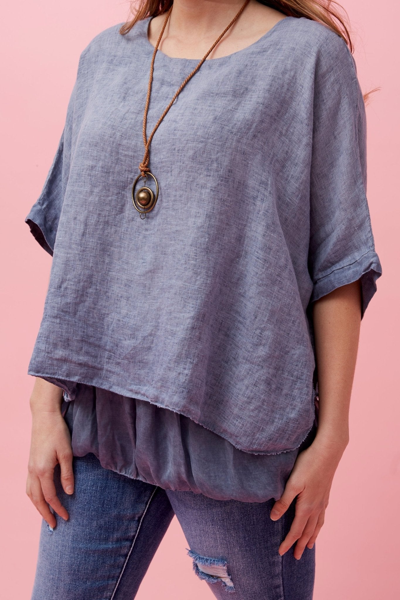 Giana Double Layered Linen Top (Blue) - Something For Me​​