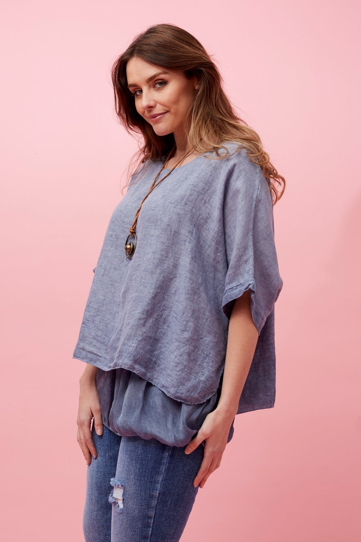 Giana Double Layered Linen Top (Blue) - Something For Me​​