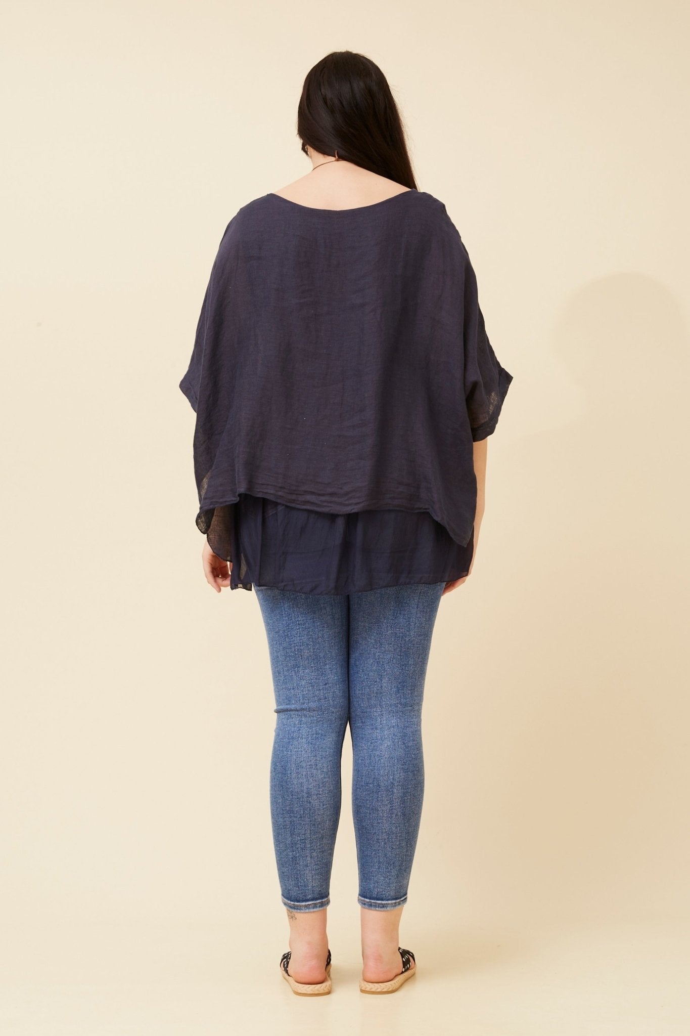 Giana Double Layered Linen Top (Navy) - Something For Me​​